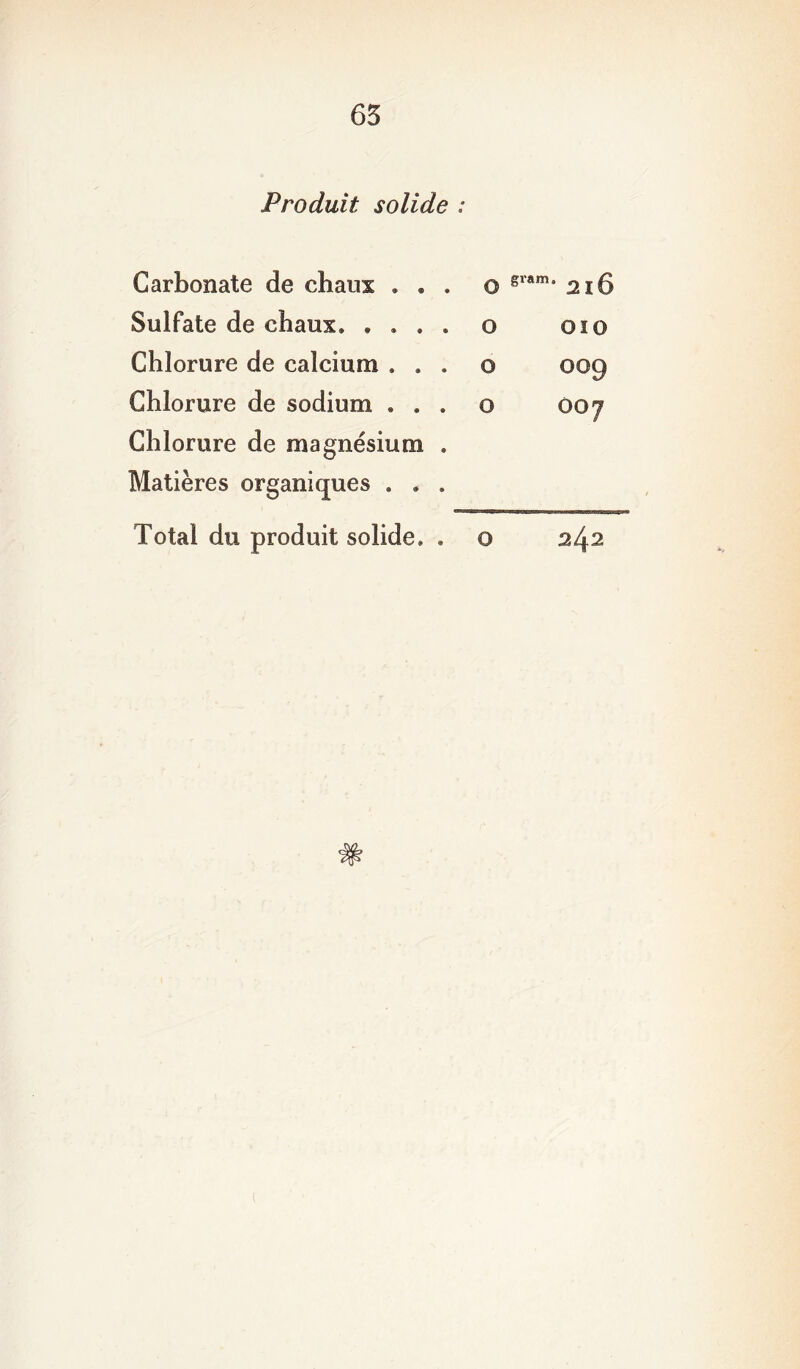 65 Produit solide : Carbonate de chaux . . . o gram* 216 Sulfate de chaux. .... o oïo Chlorure de calcium ... o 009 Chlorure de sodium ... o 007 Chlorure de magnésium . Matières organiques . . . Total du produit solide. . o 24.2 #