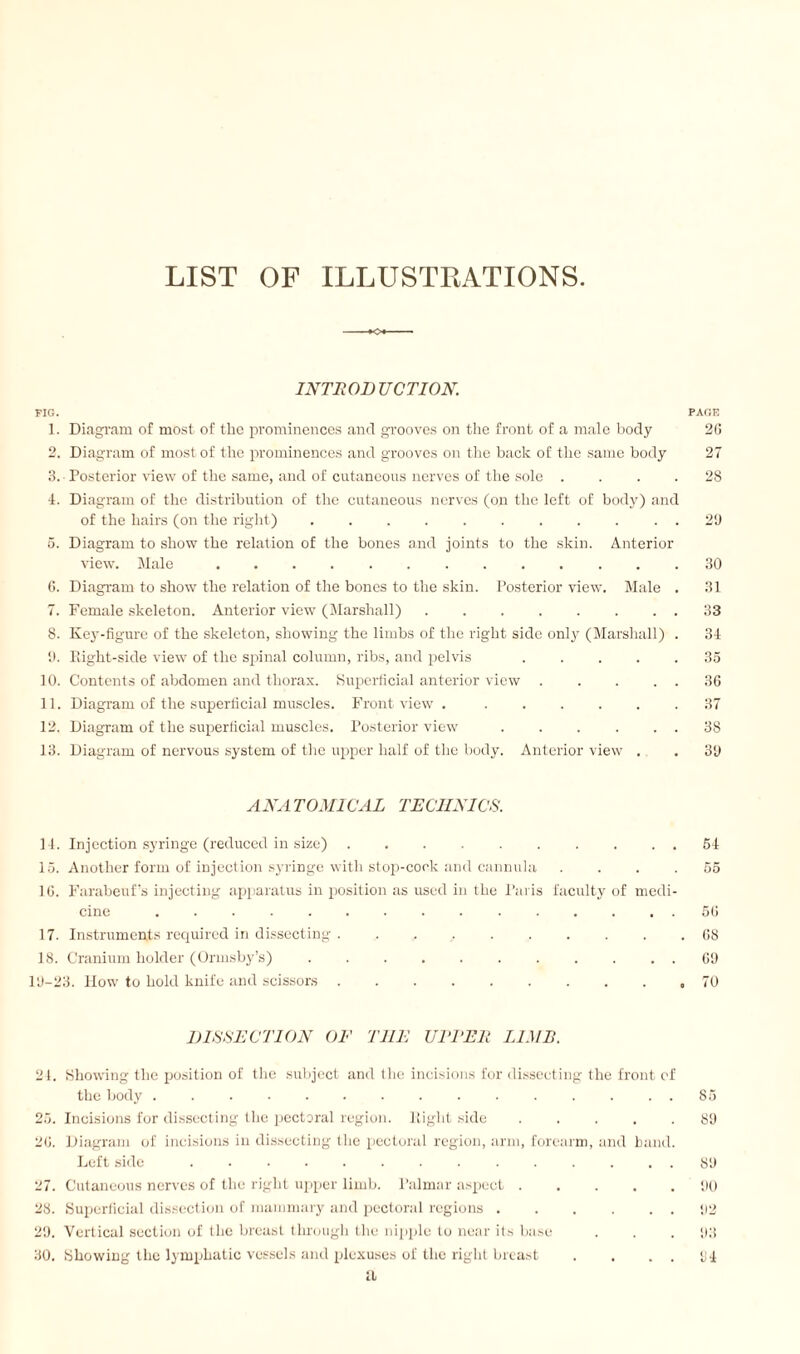 LIST OF ILLUSTRATIONS. INTRODUCTION. FIG. PAGE 1. Diagram of most of the prominences and grooves on the front of a male body 2G 2. Diagram of most of the prominences and grooves on the back of the same body 27 3. Posterior view of the same, and of cutaneous nerves of the sole .... 28 4. Diagram of the distribution of the cutaneous nerves (on the left of body) and of the hairs (on the right).29 5. Diagram to show the relation of the bones and joints to the skin. Anterior view. Male ............. 30 6. Diagram to show the relation of the bones to the skin. Posterior view. Male . 31 7. Female skeleton. Anterior view (Marshall).33 8. Key-figure of the skeleton, showing the limbs of the right side only (Marshall) . 34 9. Eight-side view of the spinal column, ribs, and pelvis ..... 35 10. Contents of abdomen and thorax. Superficial anterior view . . . . . 36 11. Diagram of the superficial muscles. Front view . ...... 37 12. Diagram of the superficial muscles. Posterior view.38 13. Diagram of nervous system of the upper half of the body. Anterior view . . 30 ANA TOM1CAL TECHNICS. 14. Injection syringe (reduced in size) .......... 54 15. Another form of injection syringe with stop-cock and cannula .... 55 16. Farabeuf’s injecting apparatus in position as used in the Paris faculty of medi¬ cine .56 17. Instruments required in dissecting.68 18. Cranium holder (Ormsby’s) ........... 6!) 10-23. How to hold knife and scissors.,70 DISSECTION OF THE UTTER L1MI1. 24. Showing the position of the subject and the incisions for dissecting the front of the body . ... 85 25. Incisions for dissecting the pectoral region. Eight side ..... 89 26. Diagram of incisions in dissecting the pectoral region, arm, forearm, and band. Left side . ... 89 27. Cutaneous nerves of the right upper limb. Palmar aspect ..... 90 28. Superficial dissection of mammary and pectoral regions.92 29. Vertical section of the breast through the nipple to near its base . . . 93 30. Showing the lymphatic vessels and plexuses of the right breast . . . . 94 a