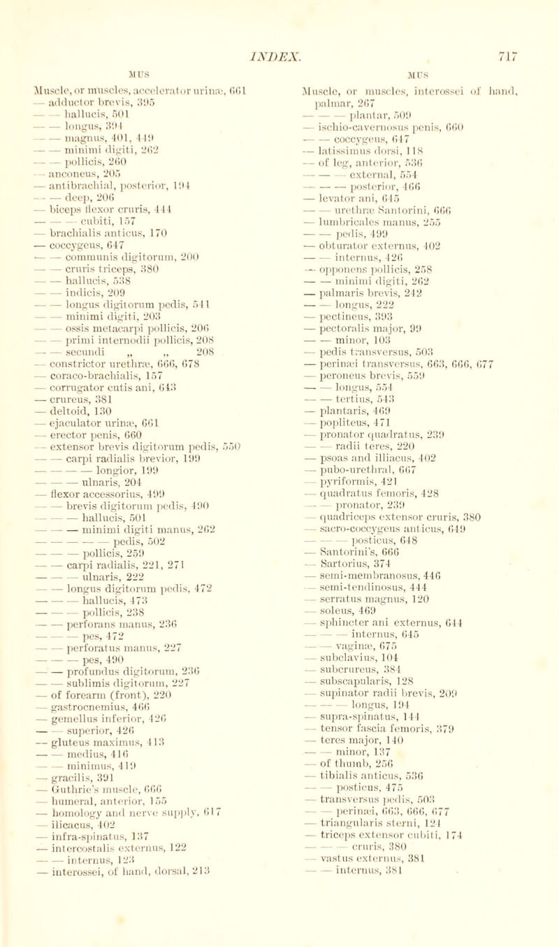 JIUS MUS Muscle,or muscles,accelerator urinne, 601 — adductor brevis, 31)5 hallucis, 501 -longus, 3D 1 -niagnus, 401, 449 -minimi digiti, 262 -pollicis, 200 anconeus, 205 — antibrachial, posterior, 11)4 — -— deep, 206 — biceps licxor cruris, 444 — -cubiti, 157 bracliialis anticus, 170 — coccygeus, 647 ■-communis digitorum, 200 -cruris triceps, 380 -hallucis, 538 -indicis, 209 — longus digitorum pedis, 541 — minimi digiti, 203 — ossis metacarpi pollicis, 206 - primi internodii pollicis, 208 — — secundi „ „ 208 — constrictor urethra;, 600, 678 — coraco-brachialis, 157 — corrugator cutis ani, 643 — crureus, 381 — deltoid, 130 — ejaculator urinte, 661 — - erector penis, 660 — extensor brevis digitorum pedis, 550 -carpi radialis brevior, 199 -longior, 199 -ulnaris, 204 — flexor accessorius, 499 — brevis digitorum pedis, 490 -hallucis, 501 -minimi digiti manus, 262 -pedis, 502 -pollicis, 259 -carpi radialis, 221, 271 -ulnaris, 222 — longus digitorum pedis, 472 -hallucis, 473 -pollicis, 238 -perforans manus, 236 - - pes, 472 — perforatus manus, 227 -pes, 490 -profundus digitorum, 236 -- sublimis digitorum, 227 — of forearm (front), 220 — gastrocnemius, 466 — gemellus inferior, 426 — - superior, 426 — gluteus maximus, 413 -medius, 416 — minimus, 419 — gracilis, 391 — Guthrie’s muscle, 666 — humeral, anterior, 155 — homology and nerve supply, 617 ilicacus, 402 — infra-spinatus, 137 — intercostalis extcrnus, 122 -interims, 123 — interossei, of hand, dorsal, 213 Muscle, or muscles, interossei of hand, palmar, 267 plantar, 509 — ischio-cavernosus penis, 660 -coccygeus, 647 — latissimus dorsi, 118 — of leg, anterior, 536 -external, 554 — -posterior, 466 — levator ani, 645 -urethras Santorini, 666 — lumbricalcs manus, 255 -pedis, 499 — obturator extcrnus, 402 -interims, 426 — opponens pollicis, 258 -minimi digiti, 262 — palmaris brevis, 212 -longus, 222 — pectineus, 393 — pectoralis major, 99 — — minor, 103 — pedis transversus, 503 — perinau transversus, 663, 666, 677 — peroneus brevis, 559 -longus, 554 -tertius, 543 — plantaris, 469 — popliteus, 471 — pronator quadratus, 239 - radii teres, 220 — psoas and illiacus, 402 — pubo-urethral, 667 — pyriformis, 421 — quadratus femoris, 428 -pronator, 239 — quadriceps extensor cruris, 380 — sacro-coccygeus anticus, 649 posticus, 648 — Santorini’s, 666 — Sartorius, 374 — semi-membranosus, 446 — semi-tendinosus, 444 — serratus magnus, 120 — soleus, 469 — sphincter ani externus, 644 interims, 645 - vagina;, 675 subclavius, 104 — suberureus, 384 — subscapularis, 128 — supinator radii brevis, 209 — longus, 194 supra-spinatus, 144 — tensor fascia femoris, 379 — teres major, 140 -minor, 137 - of thumb, 256 — tibialis anticus, 536 - posticus, 475 transversus pedis, 503 - perinan, 663, 666, 677 — triangularis sterni, 121 — triceps extensor cubiti, 174 cruris, 380 vastus externus, 381 internus, 381