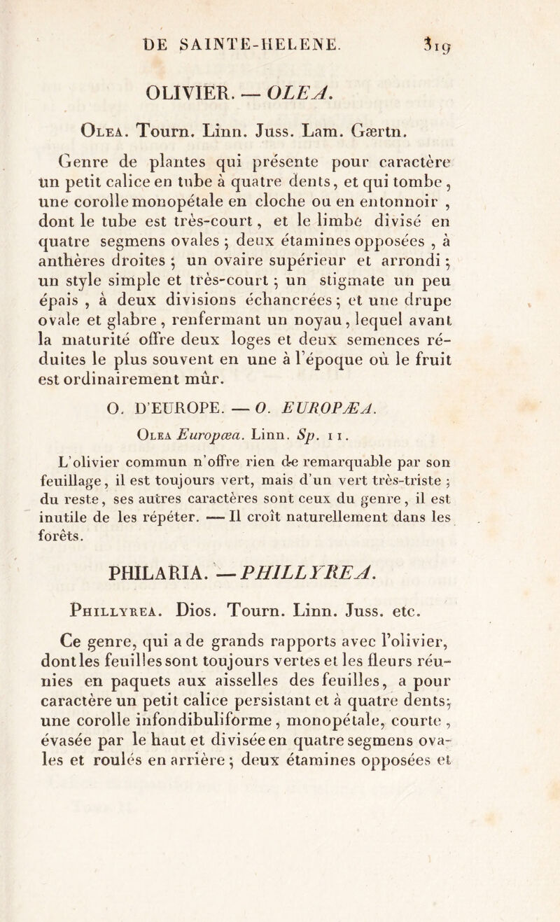 OLIVIER. — OLE A. Ole a. Tourn. Linn. Juss. Lam. Gærtn. Genre de plantes qui présente pour caractère Un petit calice en tube à quatre dents, et qui tombe 5 une corolle monopétale en cloche ou en entonnoir , dont le tube est très-court, et le limbe divisé en quatre segmens ovales ; deux étamines opposées , à anthères droites ; un ovaire supérieur et arrondi j un style simple et très-court ; un stigmate un peu épais , à deux divisions échancrées ; et une drupe ovale et glabre, renfermant un noyau, lequel avant la maturité offre deux loges et deux semences ré- duites le plus souvent en une à l’époque où le fruit est ordinairement mûr. O. D’EUROPE. —O. EUROPÆA. Olea Europœa. Linn. Sp. n. L’olivier commun n’offre rien de remarquable par son feuillage, il est toujours vert, mais d’un vert très-triste 5 du reste, ses autres caractères sont ceux du genre, il est inutile de les répéter. —— Il croît naturellement dans les forêts. PHILARIA. — PH1LL YREA. Phillyrea. Dios. Tourn. Linn. Juss. etc. Ce genre, qui a de grands rapports avec l’olivier, dont les feuilles sont toujours vertes et les fleurs réu- nies en paquets aux aisselles des feuilles, a pour caractère un petit calice persistant et à quatre dents^ une corolle infondibuliforme , monopétale, courte , évasée par le haut et divisée en quatre segmens ova- les et roulés en arrière ; deux étamines opposées et