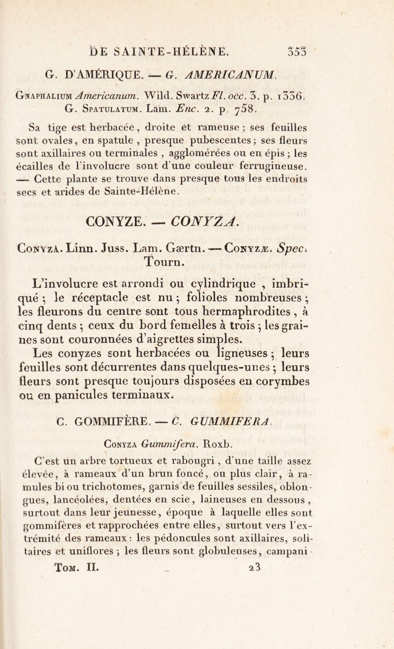 G. D’AMÉRIQUE. — G, AMERICANUM. Gnaphalium Ainericcinum. Wild. SwartzjFV. occ. 3. p. i336. G. Spatulatum. Lam. Enc. 2. p. y58. Sa tige est herbacée, droite et rameuse ; ses feuilles sont ovales, en spatule , presque pubescentes ; ses fleurs sont axillaires ou terminales , agglomérées ou en épis ; les écailles de l’involucre sont d’une couleur ferrugineuse. —» Cette plante se trouve dans presque tous les endroits secs et arides de Sainte-Hélène. CONYZE. — CONYZA. Conyza.. Linn. Juss. Lam. Gærtn. — Conyzæ. Spec* Tourn. L’involucre est arrondi ou cylindrique , imbri- qué ; le réceptacle est nu ; folioles nombreuses ; les fleurons du centre sont tous hermaphrodites , à cinq dents -, ceux du bord femelles à trois } les grai- nes sont couronnées d’aigrettes simples. Les conyzes sont herbacées ou ligneuses ° leurs feuilles sont décurrentes dans quelques-unes *, leurs fleurs sont presque toujours disposées en corymbes ou en panicules terminaux. C. GOMMIFÈRE. — C. G UMMIFERA. Conyza Gummifera. Roxb. C’est un arbre tortueux et rabougri , d’une taille assez élevée, à rameaux d’un brun foncé, ou plus clair, à ra- mules bi ou trichotomes, garnis de feuilles sessiles, oblon- gues, lancéolées, dentées en scie, laineuses en dessous, surtout dans leur jeunesse, époque à laquelle elles sont gommifères et rapprochées entre elles, surtout vers l’ex- trémité des rameaux : les pédoncules sont axillaires, soli- taires et uniflores ; les fleurs sont globuleuses, campani- Tom. II. _ 28