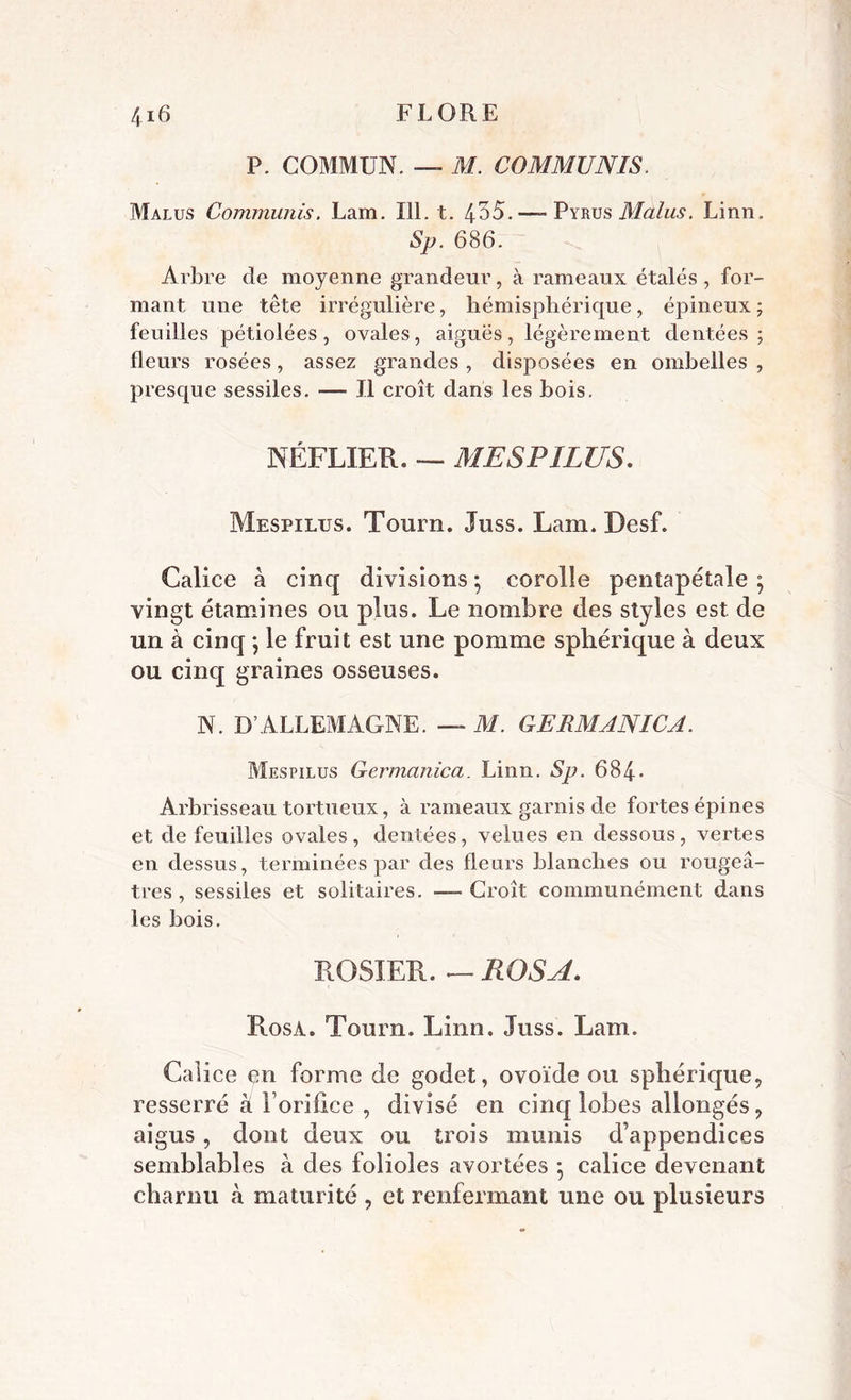 P. COMMUN. — M. COMMUNIS. Malus Communis. Lam. 111. t. 4^5.—- Pyrus Malus. Linn. Sp. 686. Arbre de moyenne grandeur, à rameaux étalés , for- mant une tête irrégulière, hémisphérique, épineux; feuilles pétiolées, ovales, aiguës, légèrement dentées; fleurs rosées, assez grandes , disposées en ombelles , presque sessiles. — Il croît dans les bois. NÉFLIER. — MESPILUS. Mespilus. Tourn. Juss. Lam. Desf. Calice à cinq divisions; corolle pentapétale ; vingt étamines ou plus. Le nombre des styles est de un à cinq ; le fruit est une pomme sphérique à deux ou cinq graines osseuses. N. D’ALLEMAGNE. — M. GERMANICA. Mespilus Germanica. Linn. Sp. 684* Arbrisseau tortueux, à rameaux garnis de fortes épines et de feuilles ovales, dentées, velues en dessous, vertes en dessus, terminées par des fleurs blanches ou rougeâ- tres , sessiles et solitaires. —- Croît communément dans les bois. ROSIER. — ROSA. Rosa. Tourn. Linn. Juss. Lam. Calice on forme de godet, ovoïde ou sphérique, resserré à l’orifice , divisé en cinq lobes allongés, aigus , dont deux ou trois munis d’appendices semblables à des folioles avortées ; calice devenant charnu à maturité , et renfermant une ou plusieurs