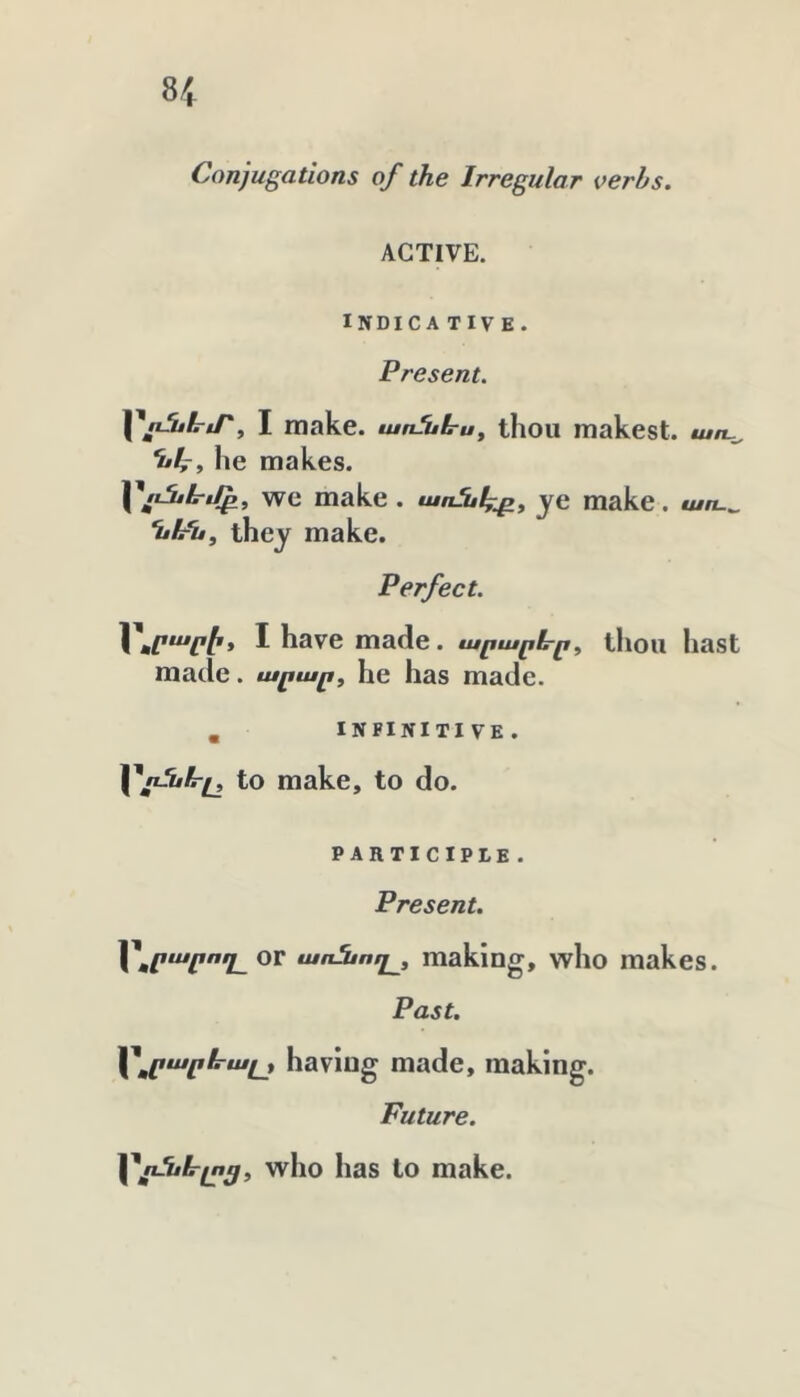 H Conjugations of the Irregular verbs. ACTIVE. INDICATIVE. Present. \*ոքսերւՐ, I make, աոնե-ս^ thou makest. առ^ եկ, he makes. \^ւէ5է1րվխ, we make. ye make, առ.^ նհն, they make. Perfect. \ mC^cb* ։ have made, արարևր^ thou hast made. արար, he has made. , INFINITIVE, to make, to do. PARTICIPLE. Present. ա/ւ-՚եո/շլ, making, who makes. Past. }^^րարհ-ալէ having made, making. Future. Ynlulring, wlio lias to make.