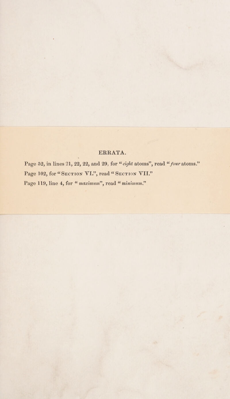 ERRATA. Page 52, in lines 21, 22, 22, and 29, for “eight atoms”, read “four atoms.” Page 102, for “ Section VI.”, read “ Section VII.” Page 119, line 4, for “ maximum”, read “ minimum.”