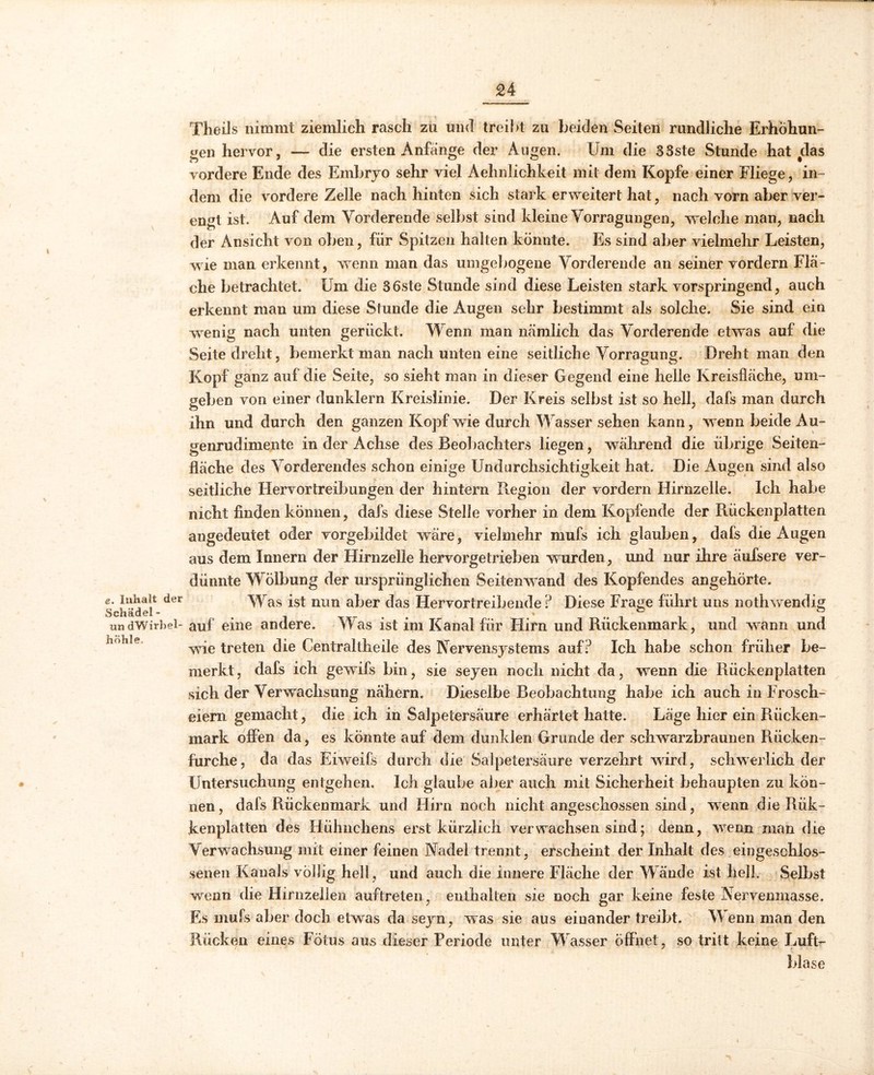 e. Inhalt der Schädel - «n dWirbel- höhle- Theils nimmt ziemlich rasch zu und treibt zu beiden Seiten rundliche Erhöhun- gen hervor, — die ersten Anfänge der Augen. Um die 33ste Stunde hat das vordere Ende des Embryo sehr viel Aehnlichkeit mit dem Kopfe einer Fliege, in- dem die vordere Zelle nach hinten sich stark erweitert hat, nach vorn aber ver- engt ist. Auf dem Vorderende selbst sind kleine Vorragungen, welche man, nach der Ansicht von oben, für Spitzen hallen könnte. Es sind aber vielmehr Leisten, wie man erkennt, wenn man das umgebogene Vorderende an seiner vordem Flä- che betrachtet. Um die 36ste Stunde sind diese Leisten stark vorspringend, auch erkennt man um diese Stunde die Augen sehr bestimmt als solche. Sie sind ein wenig nach unten gerückt. Wenn man nämlich das Vorderende etwas auf die Seite dreht, bemerkt man nach unten eine seitliche Vorragung. Dreht man den Kopf ganz auf die Seite, so sieht man in dieser Gegend eine helle Kreisfläche, um- geben von einer dunklern Kreislinie. Der Kreis selbst ist so hell, dafs man durch ihn und durch den ganzen Kopf wie durch Wasser sehen kann, wenn beide Au- genrudimente in der Achse des Beobachters liegen, während die übrige Seiten- fläche des Vorderendes schon einige Undurchsichtigkeit hat. Die Augen sind also seitliche Fiervortreibungen der hintern Region der vordem Hirnzelle. Ich habe nicht finden können, dafs diese Stelle vorher in dem Kopfende der Rückenplatten angedeutet oder vorgebildet wäre, vielmehr mufs ich glauben, dafs die Augen aus dem Innern der Hirnzelle hervorgetrieben wurden, und nur ihre äufsere ver- dünnte Wölbung der ursprünglichen Seitenwand des Kopfendes angehörte. Was ist nun aber das Hervortreibende? Diese Frage führt uns nothwendig auf eine andere. Was ist im Kanal für Hirn und Rückenmark, und wann und wie treten die Centraltheile des Nervensystems auf? Ich habe schon früher be- merkt , dafs ich gewrifs bin, sie seyen noch nicht da, wenn die Rückenplatten sich der Verwachsung nähern. Dieselbe Beobachtung habe ich auch in Frosch- eiem gemacht, die ich in Salpetersäure erhärtet hatte. Läge hier ein Rücken- mark offen da, es könnte auf dem dunklen Grunde der schwarzbraunen Rücken- furche, da das Eiweifs durch die Salpetersäure verzehrt wird, schwerlich der Untersuchung entgehen. Ich glaube aber auch mit Sicherheit behaupten zu kön- nen , dafs Rückenmark und Hirn noch nicht angeschossen sind, wenn die Rük- kenplatten des Hühnchens erst kürzlich verwachsen sind; denn, wenn man die Verwachsung mit einer feinen Nadel trennt, erscheint der Inhalt des eingeschlos- senen Kanals völlig hell, und auch die innere Fläche der Wände ist hell. Selbst wenn die Hirnzellen auf treten, enthalten sie noch gar keine feste Nervenmasse. Es mufs aber doch etwas da seyn, was sie aus einander treibt. Wenn man den Rücken eines Fötus aus dieser Periode unter Wasser öffnet , so tritt keine Luftr- blase