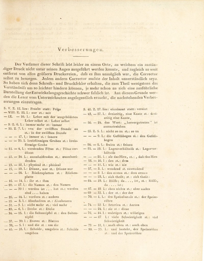 I : •'. ‘ • V e r b e s s e r u n g e n. Der Verfasser dieser Schrift lebt leider an einem Orte, an welchem ein anstän- diger Druck nicht unter seinen Augen ausgeführt werden konnte, und zugleich so weit entfernt von allen gröfsern Druckereien, dafs es ihm unmöglich war, die Correctur selbst zu besorgen. Jedem andern Corrector mufste der Inhalt unverständlich seyn. So haben sich denn Schreib - und Druckfehler erhalten, die zum Theil wenigstens das \ erständnifs um so leichter hindern können, je mehr schon an sich eine ausführliche Darstellung der Entwickelungsgeschichte schwer fafslich ist. Aus diesem Grunde wer- den die Leser vom Unterzeichneten angelegentlich ersucht, die nachstehenden Verbes- serungen einzutragen. o. V. Z. 12. lies: Frucht statt: Folge VXIL Z. 15. 1.: nur st.: mir — tX. — 10. 1.: Leber mit der ausgebildeten Leber selbst st.: Leber selbst — 9. Z. 6. 1, : immer mehr st: immer — 10. Z. 7. 1.: von der zwölften Stunde an st.: in der zwölften Stunde — — — 17. 1.: immer st. : innere — — — 55. 1. kreisförmigen Gruben st.: kreis- förmige Grube — 11. — 4. 1.: werdenden Fötus st,: Fötus ver- dünnt — 12. — 34. 1.: ausscheidenden st.: ausschnei- denden — 13. — 12. 1.: physical st.: phisical —- 15. — 10. 1.: Dünne, nur st.: Dünne nur — — — 24. 1.: Rückenplatten st. : Rücken- platte — 16. — 14, 1.: ihr st.: ihm — 20. — 27. 1.: die Namen st.: den Namen — — SO 1 : worden ist . . . hat st.: worden sind .... haben 26. — 14. 1.: vordem st. : andern 28. — 3. 1. : Abschnüren st. : Abscheuern — 31. — 3. 1.: nicht mehr st.: viel mehr — 33. — 6. I.: Decke st.: Dicke 34. — 15. 1.: die Seitenzipfel st. : den Seiten- zipfel 37. — 30. 1. : Bootes st.: Blattes 38. — 5. 1 : und die st : um die — 41» — 18. 1.: Scheide, umgeben st.: Scheide umgeben S. 41. Z. 27. lies: einnimmt statt: vereint — 43. —37. 1.: dreiseitig, eine Kante st.: drei- seitig eine Kante, — 50. — 24. das Wort: ,,liervorgetreten ’ ist auszustreichen — 53. Z. 5. 1.: nicht so zu st.: so zu — — _ 9. 1.: die Gefäfsbogen st.: den Gefäfs- bogen — 54. -— 5. 1.: freien st.: feinen — 55. — 19. I.: Lagenverhältnifs st.: Lagerver- haltnifs — — —21. 1. : als das Hirn, st.: , dafs das Hirn — 56. — 10. 1 : den st.: dem — — —■ 11. 1.: wie st.: nie — 57. — 3. 1.: wendend st. zuwendend — — — 8. 1.: den ersten st.: dem ersten — — — 23. 1.: sich theilt; st.: sich theüt: — 64. — 19. 1.; Hülfe; da . ... ist, st. : Hülfe, da .... ist; — 67. — 18. 1.: eben nichts st.: aber nichts — 69 — 35. 1. : der st. : der der — 70. — 1. 1.: des Speisekanals st.: der Speise- röhre — 74. — 12. 1.: Arterien st.: Aorten — — — 24. 1.: sie st. : diese — 76. — 14. 1.: wulstigen st.: wiilstigen — — — 27. I. : viele Schwierigkeit st.: viel Schwierigkeit — 79. — 18. 1.: auch oben st. : nach oben — 80, — 33, 1.: und besteht, der Speiseröhre - st.: und der Speiseröhre /