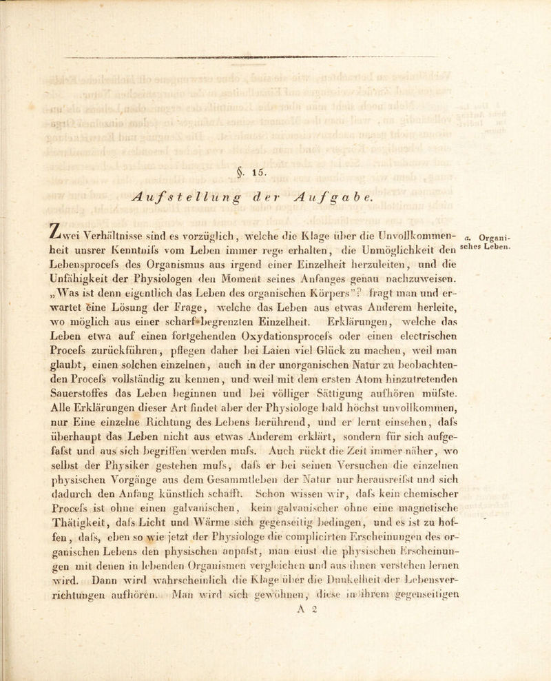 §• 15. A uf Stellung der Au fg a t> e- Zwei Verhältnisse sind es vorzüglich, welche die Klage liker die Unvollkommen- heit unsrer Kenntnifs vom Leben immer rege erhalten, die Unmöglichkeit den Lebensprocefs des Organismus aus irgend einer Einzelheit herzuleiten ? und die Unfähigkeit der Physiologen den Moment seines Anfanges genau nachzuweisen. „Was ist denn eigentlich das Leben des organischen Körpers”? fragt man und er- wartet eine Lösung der Frage, welche das Leben aus etwas Anderem herleite, wo möglich aus einer scharf begrenzten Einzelheit. Erklärungen, welche das Leben etwa auf einen fortgehenden Oxydationsprocefs oder einen electrischen Procefs zurückfiihren, pflegen daher bei Laien viel Glück zu machen, weil man glaubt, einen solchen einzelnen, auch in der unorganischen Natur zu beobachten- den Procefs vollständig zu kennen, und weil mit dem ersten Atom hinzutretenden Sauerstoffes das Leben beginnen und bei völliger Sättigung aufhören müfste. Alle Erklärungen dieser x\rt findet aber der Physiologe bald höchst unvollkommen, nur Eine einzelne Richtung des Lebens berührend, und er lernt einsehen, dafs überhaupt das Leben nicht aus etwas Anderem erklärt, sondern für sich aufge- fafst und aus sich begriffen werden mufs. Auch rückt die Zeit immer näher, wo selbst der Physiker gestehen mufs, dafs er bei seinen Versuchen die einzelnen physischen Vorgänge aus dem Gesammtleben der Natur nur herausreifst und sich dadurch den Anfang künstlich schafft. Schon wissen wir, dafs kein chemischer Procefs ist ohne einen galvanischen, kein galvanischer ohne eine magnetische Thätigkeit, dafs Licht und Wärme sich gegenseitig bedingen, und es ist zu hof- fen , dafs, eben so wie jetzt der Physiologe die complicirten Erscheinungen des or- ganischen Lebens den physischen anpalst, mail einst die physischen Erscheinun- gen mit denen in lebenden Organismen vergleichen und aus ihnen verstehen lernen wird. Dann wird wahrscheinlich die Klage über die Dunkelheit der Lebensvor- richtungen aufhören. Man wird sich gewöhnen, diese in ihrem gegenseitigen a. Organ i sehes Leben