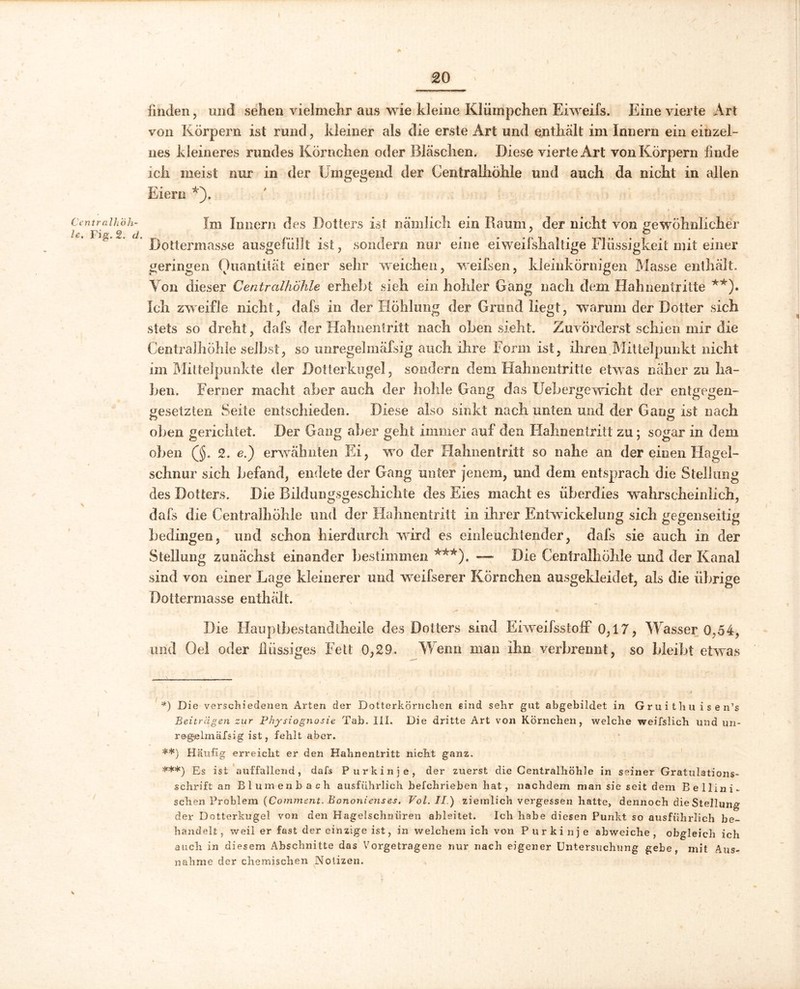 Centralhöh- le. Fig. 2. d. \ I / V 20 finden, und sehen vielmehr aus wie kleine Klümpchen Eiweifs. Eine vierte Art von Körpern ist rund, kleiner als die erste Art und enthält im Innern ein einzel- nes kleineres rundes Körnchen oder Bläschen. Diese vierte Art von Körpern finde ich meist nur in der Umgegend der Centralhöhle und auch da nicht in allen Eiern *). Im Innern des Dotters ist nämlich ein Raum, der nicht von gewöhnlicher Dottermasse ausgefüllt ist, sondern nur eine eiweifshaltige Flüssigkeit mit einer geringen Quantität einer sehr weichen, weifsen, kleinkörnigen Masse enthält. Von dieser Centralhöhle erhebt sieh ein hohler Gang nach dem Hahnentritte **). Ich zweifle nicht, dafs in der Höhlung der Grund liegt, warum der Dotter sich stets so dreht, dafs der Hahnentritt nach oben sieht. Zuvörderst schien mir die Centralhöhle selbst, so unregelmäfsig auch ihre Form ist, ihren.Mittelpunkt nicht im Mittelpunkte der Dotterkugel, sondern dem Hahnentritte etwas näher zu ha- ben. Ferner macht aber auch der hohle Gang das Uebergewicht der entgegen- gesetzten Seite entschieden. Diese also sinkt nach unten und der Gang ist nach oben gerichtet. Der Gang aber geht immer auf den Hahnentritt zu; sogar in dem oben Qj. 2. e.) erwähnten Ei, wo der Hahnentritt so nahe an der einen Hagel- schnur sich befand, endete der Gang unter jenem, und dem entsprach die Stellung des Dotters. Die Bildungsgeschichte des Eies macht es überdies wahrscheinlich, dafs die Centralhöhle und der Hahnentritt in ihrer Entwickelung sich gegenseitig bedingen, und schon hierdurch wird es einleuchtender, dals sie auch in der Stellung zunächst einander bestimmen ***). — Die Centralhöhle und der Kanal sind von einer Lage kleinerer und weifserer Körnchen ausgekleidet, als die übrige Dottermasse enthält. Die Hauptbestandtheile des Dotters sind Efweifsstoff 0,17, Wasser 0,54, und Oel oder flüssiges Fett 0,29. Wenn man ihn verbrennt, so bleibt etwas *) Die verschiedenen Arten der Dotterkörnchen sind sehr gut abgebildet in Gruitliu isen’s Beiträgen zur Physiognosie Tab. III. Die dritte Art von Körnchen, welche weifslich und un- re-gelmafsig ist, fehlt aber. **) Häufig erreicht er den Hahnentritt nicht ganz, ***) es ist auffallend, dafs Purkinje, der zuerst die Centralhöhle in seiner Gratulations- schrift an Blumenbach ausführlich befchrieben hat, nachdem man sie seit dem Bellini« sehen Problem (Comment. Bononienses. Vol.II.) ziemlich vergessen hatte, dennoch die Stellung der Dotterkugel von den Hagelschnüren ableitet. Ich habe diesen Punkt so ausführlich be- handelt, weil er fast der einzige ist, in welchem ich von Purkinje abweiche, obgleich ich auch in diesem Abschnitte das Vorgetragene nur nach eigener Untersuchung gebe, mit Aus- nahme der chemischen Notizen.