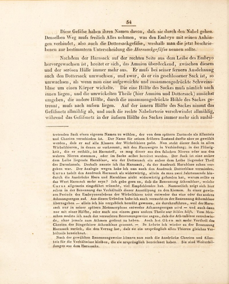 Diese Gefafse haben ihren Namen davon, dafs sie durch den Nabel gehen. Denselben Weg mufs freilich Alles nehmen, was den Embryo mit seinen Anhän- gen verbindet, also auch die Dotlersackgefäfse, weshalb man die jetzt beschrie- benen zur bestimmtem Unterscheidung die Harnsaclgefiifse nennen sollte. Nachdem der Harnsack auf der rechten Seite aus dem Leibe des Embryo hervorgewachsen ist, breitet er sich, das Amnion überdeckend, zwischen diesem und der serösen Hülle immer mehr aus. Er mufs bei seiner fernem Ausdehnung auch den Dottersack umwachsen, und zwar, da er ein geschlossener Sack ist, so umwachsen, als wenn man eine aufgeweichte und zusammengedrückte Schweins- blase um einen Körper wickelte. Die eine Hälfte des Sackes mufs nämlich nach innen liegen, und die umwickelten Theile (hier Amnion und Dottersack) zunächst umgeben, die andere Hälfte, durch die zusammengedrückte Höhle des Sackes ge- trennt , mufs nach aufsen liegen. Auf der innern Hälfte des Sackes nimmt das Gefäfsnetz allmälilig ab, und auch die rechte Nabelarterie verschwindet allmählig, während das Gefäfsnetz in der äufsern Hälfte des Sackes immer mehr sich ausbil- tretenden Sack einen eigenen Namen zu wählen, der von dem spätem Zustande als Allantois und Chorion verschieden ist. Der Name für seinen frühem Zustand durfte aber so gewählt werden, dafs er auf alle Klassen der Wirbelthiere pafst. Nun steht dieser Sack in allen Wirbelthieren, in denen er vorkommt, mit den Harnwegen in Verbindung; in der Flüssig- keit, die er enthält, ist Harnstoff, es mag dieser aus den falschen Nieren oder aus den wahren Nieren stammen, oder im Sacke selbst bereitet werden. Der Sack ist eine aufser dem Leibe liegende Harnblase, wie der Dottersack ein aufser dem Leibe liegender Theil des Darmkanals, Deshalb nannte ich ihn Harnsack, da der Ausdruck Harnblase schon ver- geben war. Der Analogie wegen habe ich nun auch den Ausdruck Dotterblase vermieden. Carus tadelt den Ausdruck Harnsack als widerwärtig, allein da man zwei Jahrtausende hin- durch die Ausdrücke Harn und Harnblase nicht widerwärtig gefunden hat, warum sollte es das Wort Harnsack mehr seyn? Ich gebe gern zu, dafs die Benennung Athemblase, welche Carus allgemein eingeführt wünscht, viel Empfehlendes hat. Namentlich zeigt sich hier schon in der Benennung das Verhältnifs dieser Ausstülpung zu den Kiemen. In einer gewis- sen Periode des Embryonenlebens der Wirbelthiere tritt entweder das eine oder das andere Athmungsorgan auf. Aus diesen Gründen habeich auch versucht zu der Benennung Athemblase überzugehen r— allein ich bin vergeblich bemüht gewesen, sie durchzuführen, weil der Harn- sack nur in seiner spätem Metamorphose entweder Athmungsorgan wird — und auch dann nur mit einer Hälfte, oder auch aus einem ganz andern Theile nur bilden hilft. Vom Men- schen mufste ich nach der versuchteu Benennungsweise sagen, dafs die Athemblase verschwin- de, ohne jemals zum Athmen gedient zu haben. Auch hat Oken mit mehr Vortheil da« Chorion der Säugethiere Athemblase genannt. — So kehrte ich wieder zu der Benennung Harnsack zurück, die den Vorzug hat, dafs sie ein ursprünglich allen Thieren gleiches Ver- hältnifs bezeichnet. Nach der gewählten Benennungsweise können nun auch die Ausdrücke Chorion und Allan- tois für die Verhältnisse bleiben, die sie ursprünglich bezeichnet haben. Sie sind Weiterbil- dungen aus dem Harnsacke.