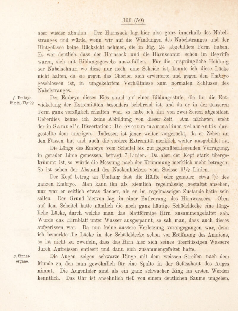 f. Embryo. Fig.21.Fig.22. g. Sinnes- organe. f 366 (50) aber wieder abnabm. Der Hariisack lag Mer also ganz innerhalb des ISTabel- Stranges nnd würde, wenn wir auf die Windungen des Nabelstranges nnd der Blutgefässe keine Eücksicht nehmen, die 'in Fig. 24 abgebildete Form haben. Es war deutlich, dass der Harnsack nnd die Harnschnur schon im Begriffe waren, sich mit Bildungsgewebe auszufüllen. Für die ursprüngliche Höhlung der Nabelschnur, wo diese nur noch eine Scheide ist, konnte ich diese Lücke nicht halten, da sie gegen das Chorion sich erweiterte und gegen den Embryo geschlossen ist, in umgekehrtem Verhältnisse zum normalen Schlüsse des Nabelstranges. Der Embryo dieses Eies stand auf einer Bildungsstufe, die für die Ent- wickelung der Extremitäten besonders belehrend ist, und da er in der äusseren Form ganz vorzüglich erhalten war, so habe ich ihn von zwei Seiten abgebildet. IJeberdies kenne ich keine Abbildung von dieser Zeit. Am nächsten steht der in Samuel’s Dissertation: De ovorum mammalium vekamentis dar- gestellte dem unsrigen. Indessen ist jener weiter vorgerückt, da er Zehen an den Füssen hat und auch die vordere Extremität merklich weiter ausgebildet ist. Die Länge des Embryo vom Scheitel bis zur gegenüberliegenden Yorragung, in gerader Linie gemessen, beträgt 7 Linien. Da aber der Kopf stark überge- krümmt ist, so würde die Messung nach der Krümmung merklich mehr betragen. So ist schon der Abstand des Nackenhöckers vom Steisse 6^/2 Linien. Der Kopf betrug an Umfang fast die Hälfte oder genauer etwa des ganzen Embryo. Man kann ihn als ziemlich regelmässig gestaltet ansehen, nur war er seitlich etwas flacher, als er im regelmässigen Zustande hätte sein sollen. Der Grund hiervon lag in einer Entleerung des Hirnwassers. Oben auf dem Scheitel hatte nämlich die noch ganz häutige Schädeldecke eine läng- liche Lücke, durch welche man das blattförmige Hirn zusammengefaltet sah. Wurde das Hirnblatt unter Wasser ausgespannt, so sah man, dass auch dieses aufgerissen war. Da nun keine äussere Verletzung vorangegangen war, denn ich bemerkte die Lücke in der Schädeldecke schon vor Eröffnung des Amnions, so ist nicht zu zweifeln, dass das Hirn hier sich seines überflüssigen Wassers durch Aufreissen entleert und dann sich zusammengefaltet hatte. Die Augen zeigen schwarze Einge mit dem weissen Streifen nach dem Munde zu, den man gewöhnlich für eine Spalte in der Gefässhaut des Auges nimmt. Die Augenlider sind als ein ganz schwacher Eing im ersten Werden kenntlich. Das Ohr ist ansehnlich tief, von einem deutlichen Saume umgeben.