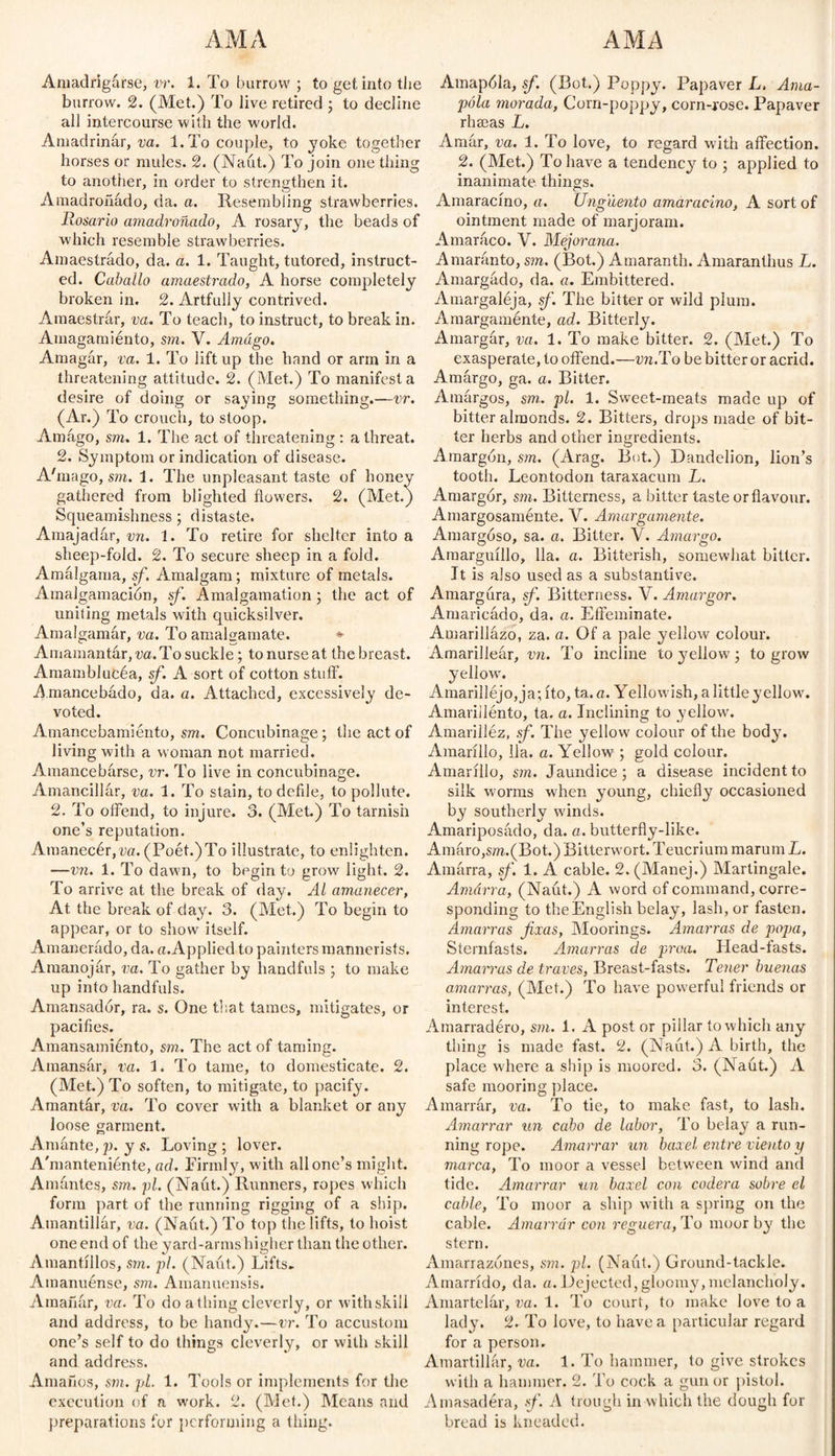 Amadrigárse, vr. 1. To burrow ; to get into the burrow. 2. (Met.) To live retired ; to declíne all intercourse with the world. Amadrinar, va. 1. To couple, to yoke together horses or mules. 2. (Naut.) To join one thing to another, in order to strengthen it. Amadroñádo, da. a. Resembling strawberries. Rosario amadroñado, A rosary, the beads of which resemble strawberries. Amaestrado, da. a. 1. Taught, tutored, instruct¬ ed. Caballo amaestrado, A horse completely broken in. 2. Artfully contrived. Amaestrar, va. To teach, to instruct, to break in. Amagamiénto, sm. V. Amágo. Amagar, va. 1. To lift up the hand or arm in a threatening attitude. 2. (Met.) To manifest a desire of doing or saying something.—vr. (Ar.) To crouch, to stoop. Amago, sm. 1. The act of threatening : a threat. 2. Symptom or indication of disease. A'mago, sm. 1. The unpleasant taste of honey gathered from blighted flowers. 2. (Met.) Squeamishness ; distaste. Amajadar, vn. 1. To retire for shelter into a sheep-fold. 2. To secure sheep in a fold. Amalgama, sf. Amalgam; mixture of metals. Amalgamación, sf. Amalgamation ; the act of uniting metals with quicksilver. Amalgamar, va. To amalgamate. * Amamantár, va. To suckle; to nurse at the breast. Amamblucéa, sf. A sort of cotton stuff. Amancebado, da. a. Attached, excessively de¬ voted. Amancebamiento, sm. Concubinage; the act of living with a woman not married. Amancebarse, vr. To live in concubinage. Amancillar, va. 1. To stain, to defile, to pollute. 2. To offend, to injure. 3. (Met.) To tarnish one’s reputation. Amanecér,'wz. (Poét.)To illustrate, to enlighten. —vn. 1. To dawn, to begin to grow light. 2. To arrive at the break of day. Al amanecer, At the break of day. 3. (Met.) To begin to appear, or to show itself. Amanerado, da. «.Applied to painters mannerists. Amanojár, va. To gather by handfuls ; to make up into handfuls. Amansador, ra. s. One that tames, mitigates, or pacifies. Amansamiénto, sm. The act of taming. Amansar, va. 1. To tame, to domesticate. 2. (Met.) To soften, to mitigate, to pacify. Amantár, va. To cover with a blanket or any loose garment. Amante, p. y s. Loving ; lover. A'manteniénte, ad. Firmly, with all one’s might. Amfintes, sm. pi. (Naut.) Runners, ropes which form part of the running rigging of a ship. Amantillár, va. (Naut.) To top the lifts, to hoist one end of the yard-arms higher than the other. Amantillos, sm. pi. (Naiit.) Lifts. Amanuense, sm. Amanuensis. Amañar, va. To do athing cleverly, or with skill and address, to be handy.—vr. To accustom one’s self to do things cleverly, or with skill and address. Amaños, sm. pi. 1. Tools or implements for the execution of a work. 2. (Met.) Means and preparations for performing a thing. Amapóla, sf. (Rot..) Poppy. Papaver L, Ama¬ pola morada, Corn-poppy, corn-rose. Papaver rhaeas L. Amar, va. 1. To love, to regard with affection. 2. (Met.) To have a tendency to ; applied to inanimate things. Amaracíno, a. Ungüento amaracino, A sort of ointment made of marjoram. Amaraco. Y. Mejorana. Amaranto, sm. (Bot.) Amaranth. Amaran thus L. Amargado, da. a. Embittered. Amargaléja, sf. The bitter or wild plum. Amargaménte, ad. Bitterly. Amargar, va. 1. To make bitter. 2. (Met.) To exasperate, to offend.—rm.To be bitter or acrid. Amargo, ga. a. Bitter. Amargos, sm. pi. 1. Sweet-meats made up of bitter almonds. 2. Bitters, drops made of bit¬ ter herbs and other ingredients. Amargón, sm. (Arag. Bot.) Dandelion, lion’s tooth. Leontodón taraxacum L. Amargor, sm. Bitterness, a bitter taste or flavour. Amargosaménte. Y. Amargamente. Amargoso, sa. a. Bitter. V. Amargo. Amarguillo, 11a. a. Bitterish, somewhat bitter. It is also used as a substantive. Amargura, sf. Bitterness. Y. Amargor. Amaricado, da. a. Effeminate. Amarillazo, za. a. Of a pale yellow colour. Amarillear, vn. To incline to yellow; to grow yellow'. Amarilléjo,ja; ito, ta.a. Yellowish, a little yellow. Amarillénto, ta. a. Inclining to yellow. Amarilléz, sf. The yellow colour of the body. Amarillo, 11a. a. Yellow ; gold colour. Amarillo, sm. Jaundice; a disease incident to silk worms when young, chiefly occasioned by southerly winds. Amariposádo, da. a. butterfly-like. Amaro,sm.(Bot.) Bitterwort. Teucrium marum L. Amarra, sf. 1. A cable. 2.(Manej.) Martingale. ArnArra, (Naut.) A word of command, corre¬ sponding to the English belay, lash, or fasten. Amarras fxas, Moorings. Amarras de popa, Síernfasts. Amarras de proa. Head-fasts. Amarras de través, Breast-fasts. Tener buenas amarras, (Met.) To have powerful friends or interest. Amarradéro, sm. 1. A post or pillar to which any thing is made fast. 2. (Naut.) A birth, the place where a ship is moored. 3. (Naut.) A safe mooring place. Amarrar, va. To tie, to make fast, to lash. Amarrar un cabo de labor, To belay a run¬ ning rope. Amarrar un baxel entre viento y marca, To moor a vessel between wind and tide. Amarrar un baxel con codera sobre el cable, To moor a ship with a spring on the cable. Amarrar con reguera, To moor by the stern. Amarrazónes, sm. pi. (Naut.) Ground-tackle. Amarrido, da. a.Dejected,gloomy,melancholy. Amartelar, va. 1. To court, to make love to a lady. 2. To love, to have a particular regard for a person. Amartillar, va. 1. To hammer, to give strokes with a hammer. 2. To cock a gun or pistol. Amasadéra, .f. A trough in which the dough for bread is kneaded.