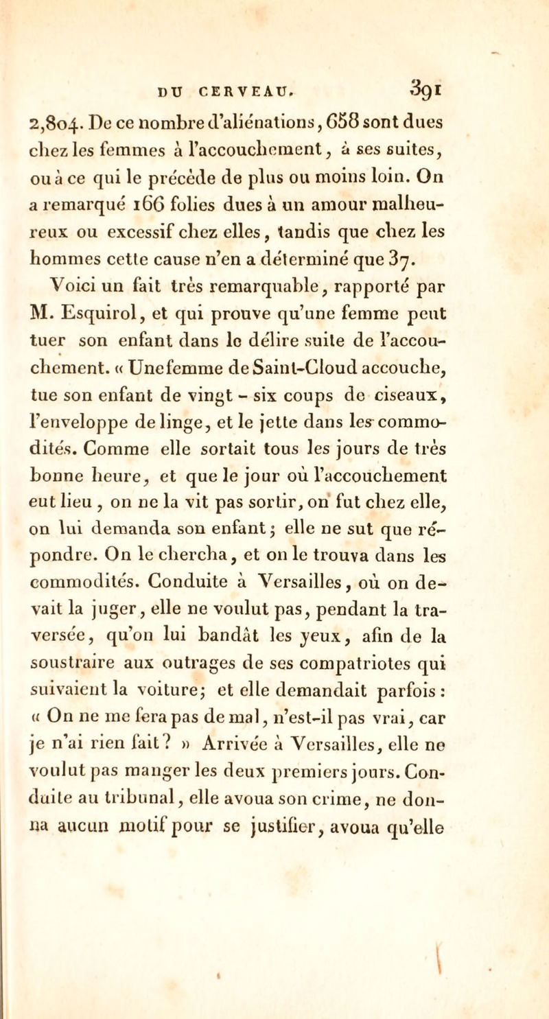 2,804. Do ce nombre d’aliénations, G58 sont dues chez les femmes à l’accouchement, à ses suites, ou à ce qui le précède de plus ou moins loin. On a remarqué 166 folies dues à un amour malheu- reux ou excessif chez elles, tandis que chez les hommes cette cause n’en a déterminé que 3j. Voici un fait très remarquable, rapporté par M. Esquirol, et qui prouve qu’une femme peut tuer son enfant dans le délire suite de l’accou- chement. « Une femme de Saint-Cloud accouche, tue son enfant de vingt - six coups de ciseaux, l’enveloppe de linge, et le jette dans ley commo- dités. Comme elle sortait tous les jours de très bonne heure, et que le jour où l’accouchement eut lieu , on ne la vit pas sortir, on fut chez elle, on lui demanda son enfant ; elle ne sut que ré- pondre. On le chercha, et on le trouva dans les commodités. Conduite à Versailles, où on de- vait la juger, elle ne voulut pas, pendant la tra- versée, qu’on lui bandât les jeux, afin de la soustraire aux outrages de ses compatriotes qui suivaient la voiture; et elle demandait parfois : « On ne me fera pas de mal, 11’est-il pas vrai, car je n’ai rien fait ! » Arrivée à Versailles, elle ne voulut pas manger les deux premiers jours. Con- duite au tribunal, elle avoua son crime, ne don- na aucun motif pour se justifier, avoua qu’elle I l