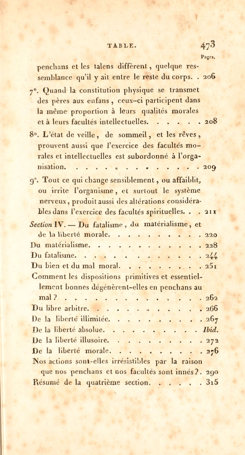 Pages. penchans et les talens diffèrent, quelque res- semblance qu’il y ait entre le reste du corps. . 206 70. Quand la constitution physique se transmet des pères aux enfans , ceux-ci participent dans la meme proportion à leurs qualités morales et à leurs facultés intellectuelles 208 8°. L’état de veille, de sommeil, et les rêves, prouvent aussi que l’exercice des facultés mo- rales et intellectuelles est subordonné à l’orga- nisation „ . . . 209 90. Tout ce qui change sensiblement, ou affaiblit, ou irrite l’organisme, et surtout le système nerveux, produit aussi des altérations considéra- bles dans l’exercice des facultés spirituelles. . . îii Section IV. — Du fatalisme, du matérialisme, et de la liberté morale 220 Du matérialisme 228 Du fatalisme 244 Du bien et du mal moral 25i Comment les dispositions primitives et essentiel- lement bonnes dégénèrent-elles en penchans au mal ? 262 D u libre arbitre „ 266 De la liberté illimitée 26y De la liberté absolue Ibid. De la liberté illusoire 272 De la liberté morale 276 INos actions sont-elles irrésistibles par la raison que nos penchans et nos facultés sont innés ?. 290 Présumé de la quatrième section 3i5