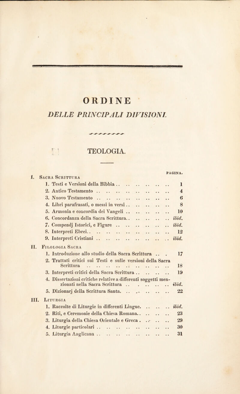 ORDINE DELLE PRINCIPALI DIVISIONI. TEOLOGIA. PAGINA. I. Sacra Scrittura 1. Testi e Versioni della Bibbia .. .. I 2. Antico Testamento. 4 3. Nuovo Testamento. 6 4. Libri parafrasati, o messi in versi.. 8 5. Armonia e concordia dei Vangeli. 10 6. Concordanza della Sacra Scrittura.ibid. 7. Compendj Istorici, e Figure. ibid. 8. Interpreti Ebrei. 12 9. Interpreti Cristiani. , . ibid. II. Fil ologia Sacra 1. Introduzione allo studio della Sacra Scrittura ... 17 2. Trattati critici sui Testi e sulle versioni della Sacra Scrittura . .. .. 18 3. Interpreti critici della Sacra Scrittura. 19 4. Dissertazioni critiche relative a differenti soggetti men¬ zionati nella Sacra Scrittura.ibid. 5. Dizionarj della Scrittura Santa. .. ,. 22 III. Liturgia 1. Raccolte di Liturgie in differenti Lingue. ibid. 2. Riti, e Ceremonie della Chiesa Romana. 23 3. Liturgia della Chiesa Orientale e Greca . . .. .. 29 4. Liturgie particolari. 30 5. Liturgia Anglicana.. .. 31