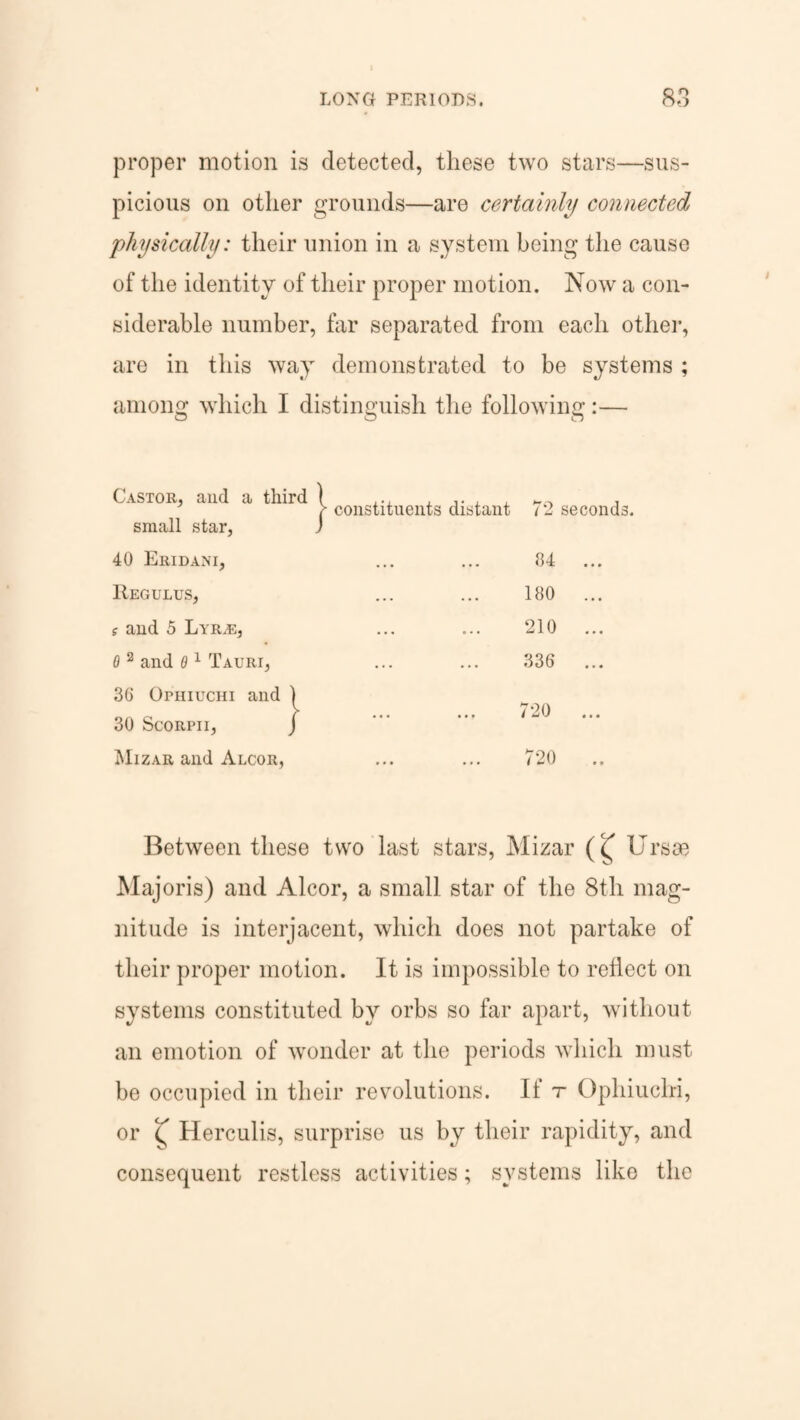proper motion is detected, these two stars—sus¬ picious on other grounds—are certainly connected physically: their union in a system being the cause of the identity of their proper motion. Now a con¬ siderable number, far separated from each other, are in this way demonstrated to be systems ; among which I distinguish the following:— Castor, and a third 1 small star, J j- constituents distant 72 seconds. 40 Eridani, . • • .. . 34 ... Uegulus, . . . ... 180 ... s and 5 Lyr.e, . • . ... 210 ... 0 2 and 9 1 Tauri, . . . . .. 336 ... 36 OrmucHi and 1 30 Scorpii, j ... ... 720 ... Mizar and Alcor, • * • ... 720 Between these two last stars, Mizar Ursae Majoris) and Alcor, a small star of the 8th mag¬ nitude is interjacent, which does not partake of their proper motion. It is impossible to reflect on systems constituted by orbs so far apart, without an emotion of wonder at the periods which must be occupied in their revolutions. It r Ophiuchi, or £ Herculis, surprise us by their rapidity, and consequent restless activities; systems like the