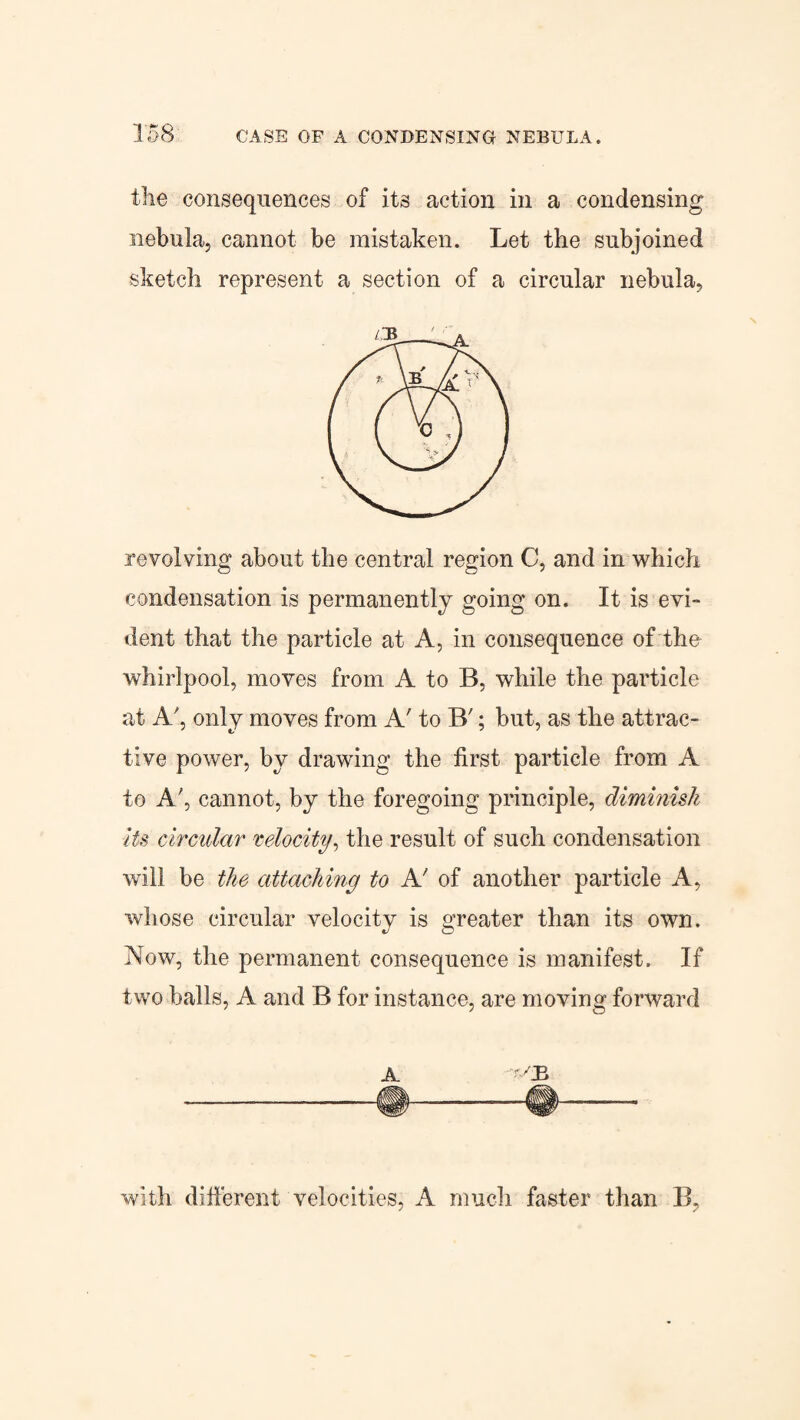 the consequences of its action in a condensing nebula, cannot be mistaken. Let the subjoined sketch represent a section of a circular nebula, revolving about the central region C, and in which condensation is permanently going on. It is evi¬ dent that the particle at A, in consequence of the whirlpool, moves from A to B, while the particle at A, only moves from A' to B'; but, as the attrac¬ tive power, by drawing the first particle from A to A/, cannot, by the foregoing principle, diminish its circular velocity, the result of such condensation will be the attaching to A! of another particle A, whose circular velocity is greater than its own. Now, the permanent consequence is manifest. If two balls, A and B for instance, are moving forward A r/B with different velocities, A much faster than B,