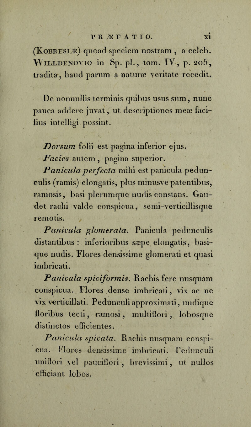 / •P R vE F A T I O. XI (Kobresre) quoad speciem nostram , a celeb. WiiiFDENOVio in Sp. pl., tom. IV, p. 2o5, tradita, haud parum a naturae veritate recedit. De nonnullis terminis quibus usus sum, nunc pauca addere juvat, ut descriptiones meae faci- lius intelligi possint. Dorsum folii est pagina inferior ejus. Facies autem, pagina superior. Panicula perfecta mihi est panicula pedun- culis (ramis) elongatis, plus minusve patentibus, ramosis, basi plerumque nudis constans. Gau- det rachi valde conspicua, semi-verticillisque remotis. Panicula glomerata. Panicula pedunculis distantibus : inferioribus saepe elongatis, basi- que nudis. Flores densissime glomerati et quasi imbricati. Panicula spiciformis. Racliis fere nusquam conspicua. Flores dense imbricati, vix ac ne vix verticillati. Pedunculi approximati, undique floribus tecti, ramosi, multiflori, lobosque distinctos efficientes. P anicula spicata. Racliis nusquam conspi- cua. Flores densissime imbricati. Pedunculi uniClori vel pauciflori, brevissimi, ut nullos efficiant lobos.