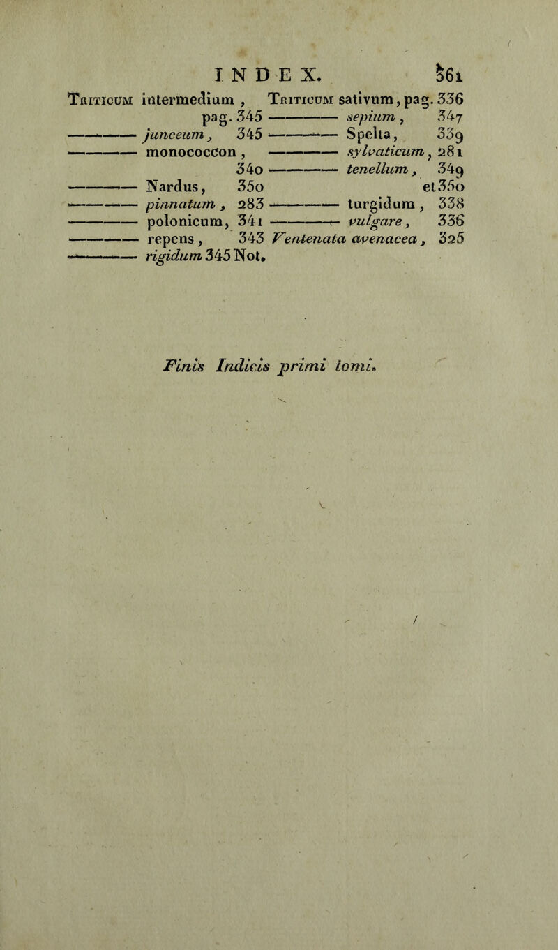 INDEX. &61 Triticum intermedium , Triticum sativum, pag. 336 pag. 345 sepium, 347 junceum, 345 * — Spelta, 33q monococdon , sylvaticum, 281 34o tenellum, 349 Nardus, 35o el35o ■ — pinnatum , 283 — turgidum , 338 — polonicum, 341 «- vulgare, 336 repens , 343 Ventenata avenacea s 325 — rigidum 345 No t. Finis Indicis primi tomi» /