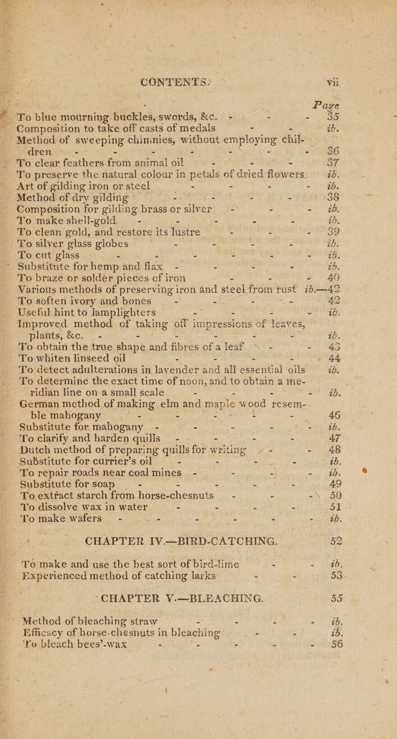  CONTENTS: Vii Page Ee. To biae mourning Buckles, swords, &amp;e. - - fae ee ~ Composition to take off casts of medals - id. - Method of RECEDING pcoaitke without employing chil. dren - - - - - . 36 To clear feathers. fom animal ov fir 37 To preserve the natural colour in petals of deied flowers: «46. _ Art of gilding iron or steel ages - - hie » Method of dry gilding © - . - - 3 - Composition for gilding brass or site - - = ae To make shell-gold - - . - - ib. _ Toclean gold, and restore its lustre - - - 39 -. Tosilver glass globes ‘_ - age ee . ib. - To cut glass - ie Sepeceos - (46. ~ Substitute for hemp and flax - - - tb. To braze or solder pieces of iron - - 40 _ Various methods of preserving iron and steel from rust 7B. —42 To soften ivory and bones - - - oe 42 _ Useful hint to lamplighters -— - - pea CE Improved method of taking off impressions of leaves, plants, &amp;e. - - - ib. To obtain the true shape ae fibres of : a leaf \-- - 45 To whiten linseed oil - | 44, To detect adulterations in lavender fa all ecutal ils id. To determine the exact time of noon, and to obtain a me- ridian line on asmall scale —- - 26. German method of making elm and maple Ww ood 1 resem- ble mahogany _ - - - - - 46 Substitute for mahogany - - - - - 06. To clarify and harden quills _ - - - - 47 Dutch method of preparing quillsforwriting + - - 48 Substitute for currier’s oil - Ba oes ae 2b. ‘To repair roads near coal mines - ibe apie tte wf 8Os Substitute for soap - - - - AQ To. extfact starch from horse-chesnuts - - -\ 50 - Yo dissolve wax in water &gt; . - ~ 51 &gt; To make wafers - - - : = it 16. By CHAPTER IV.—BIRD-CATCHING. 52 _ To make and use the best sort of bird-lime - ~ ee Experienced method of catching larks - - 53, “CHAPTER V.—BLEACHING. 55 ~ Method of bleaching straw » - ~~ D, Efficacy of horse-chesnuts in bleaching - 3 ib. Yo bleach bees’-wax - - - . - 156