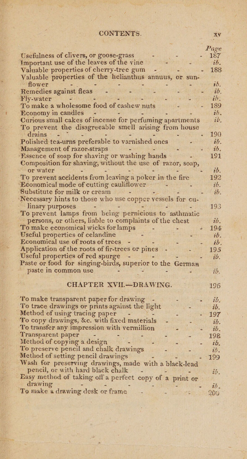 : Page Usefulness of clivers, or goose-grass - oe = “2487 Important use of the leaves of the vine © E J ib. Valuable properties of cherry-tree gum - e - 188 Valuable properties of the helianthus annuus, or sun- flower - - - - - - 26. Remedies against fleas - - - - - ab, ¥Fly-water = abt ea EAS ih, To make a wholesome food of onchew nits . _- 189 Economy in candles’ - - - 2h. Curious small cakes of incense for perfuming apartments iv, To prevent the nol soaked smell ar ee from house ‘drains - - - 190 Polished tea-urns preferable to varniblied ones - ib, ‘Management of razor-straps - Soe a. ‘Kssence of soap for shaving or washing hands - 191 - Composition for ee without the use of razor, soap, or water - - arr aD. To prevent aceidents from leaving a poker in the: fire 192 ‘Economical mode of cutting caulifiower - 3 ib. Substitute for milk or cream - -- = RON ‘Necessary hints to those who use copper vessels for cu- linary purposes - - - - - 193 To prevent lamps from being pernicious to asthmatic - persons, or others, liable to complaints of the chest ib. To make economical wicks for lamps 2 a S194 Useful properties of celandine - os ib, Economical use of rootsoftrees - ' - ¥ ete oy jie Application of the roots of fir-trees or pines - - 195 Useful properties of red spurge -- - 7 gD. Paste or food for singing-birds, superior to the German paste in common use ~- is - : 70, CHAPTER XVIL—DRAWING. — 196 To make transparent paper for drawing - 7 eo 2b, To trace drawings or prints against the Ii of _- ib, Method of using tracing paper —- E su OT To copy drawings, &amp;c. with fixed materials - A ib. To transfer any impression with vermillion A sag Paaoas oa Transparent paper - - : = is 198 Method of copying a design - - 3 = hig aoe To preserve pencil and chalk drawings - - ab. Method of setting pencil drawings - 199 ‘Wash for preserving drawings, made with a black-lead pencil, or with hard black chalk = - ab. Easy method of = oil a pee copy of : a print or ~ drawing MASE To make a drawing desk or fr AMG is. * : 200