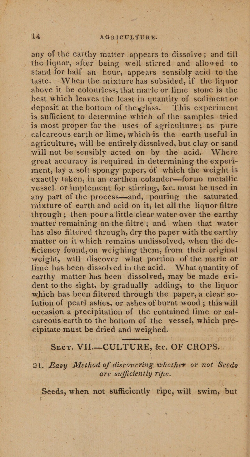 any of the earthy matter. appears to dissolve; and tili the liquor, after being well stirred and allowed to stand for half an hour, appears sensibly acid to the taste. When the mixture has subsided, if the liquor above it be colourless, that marle or hme stone is the best which leaves the Jeast in quantity of sediment or deposit at the bottom of theyglass. his experiment is sufficient to determine which of the samples. tried is most proper for the uses of agriculture; as pure _ calcareous earth or lime, whichis the earth useful in agriculture, will be entirely dissolved, but clay or sand will not be sensibly acted on by the acid. Where great accuracy is required in determining the experi- ment, lay a soft spongy paper, of which the weight is exactly taken, in an earthen colander—forno metallic vessel, or implement for stirring, &amp;c. must be used in any part of the process—and, pouring the saturated mixture of earth and acid on it; let all the liquor filtre _ through; then pour alittle clear water over the earthy matter remaining on the filtre; and when that water ‘has also filtered through, dry the paper with the earthy matter on it which remains undissolved, when the de- ficiency found, on weighing them, from their original ‘weight, will discover what portion. of the marle or lime has been dissolved in the acid. What quantity of earthy matter has been dissolved, may be made evi- dent to the sight, by gradually adding, to the liquor which has been filtered through the paper, a clear so- lution of pearl ashes, or ashes of burnt wood ; this will occasion a precipitation of the contained lime or cal- careous earth to the bottom of the vessel, which pre- cipitate must be dried and weighed.  SECT. vil ——CULTURE, &amp;e. OF CROPS. 21. Easy Method of discovering whether or not Seeds are sufficiently ripe. ‘ Seeds, whet. not suficiently ripe, will swim, oat