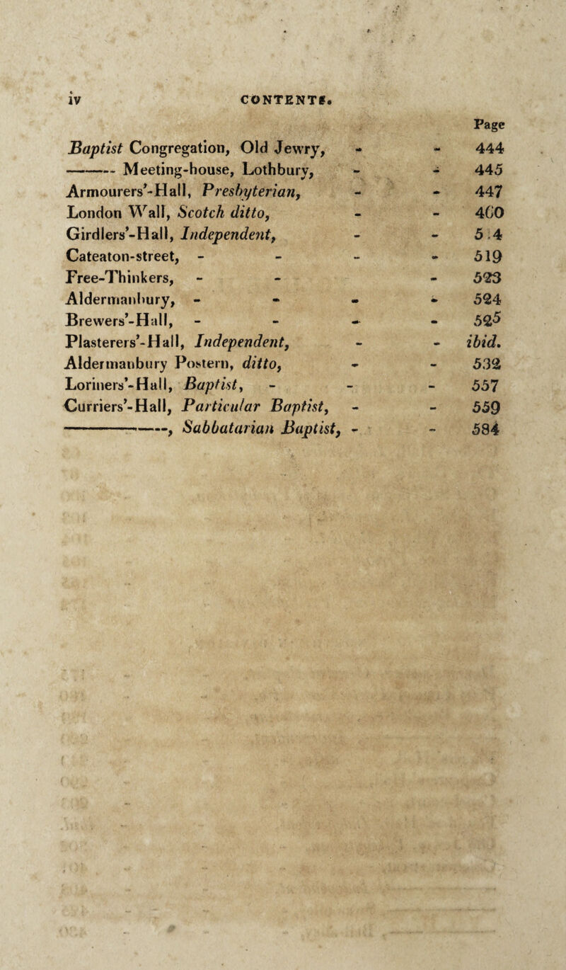 Baptist Congregation, Old Jewry, •* OM Page 444 -Meeting-house, Lothbury, - - 445 Armourers*- Hall, Presbyterian, 447 London Wall, Scotch ditto, - - 4G0 Gird lers*-Hall, Independent, - 5 4 Cateaton-street, - - - 519 Free-Thinkers, - 523 Aldermanbury, - - - 52 4 Brewers*-Hall, - 525 Plasterers’-Hall, Independent, - - Aldermanbury Postern, ditto, - - 532 Loriners’-Hatl, Baptist, - - 55 7 Curriers*-Hall, Particular Baptist, - - 559 ---9 Sabbatarian Baptist, - 584