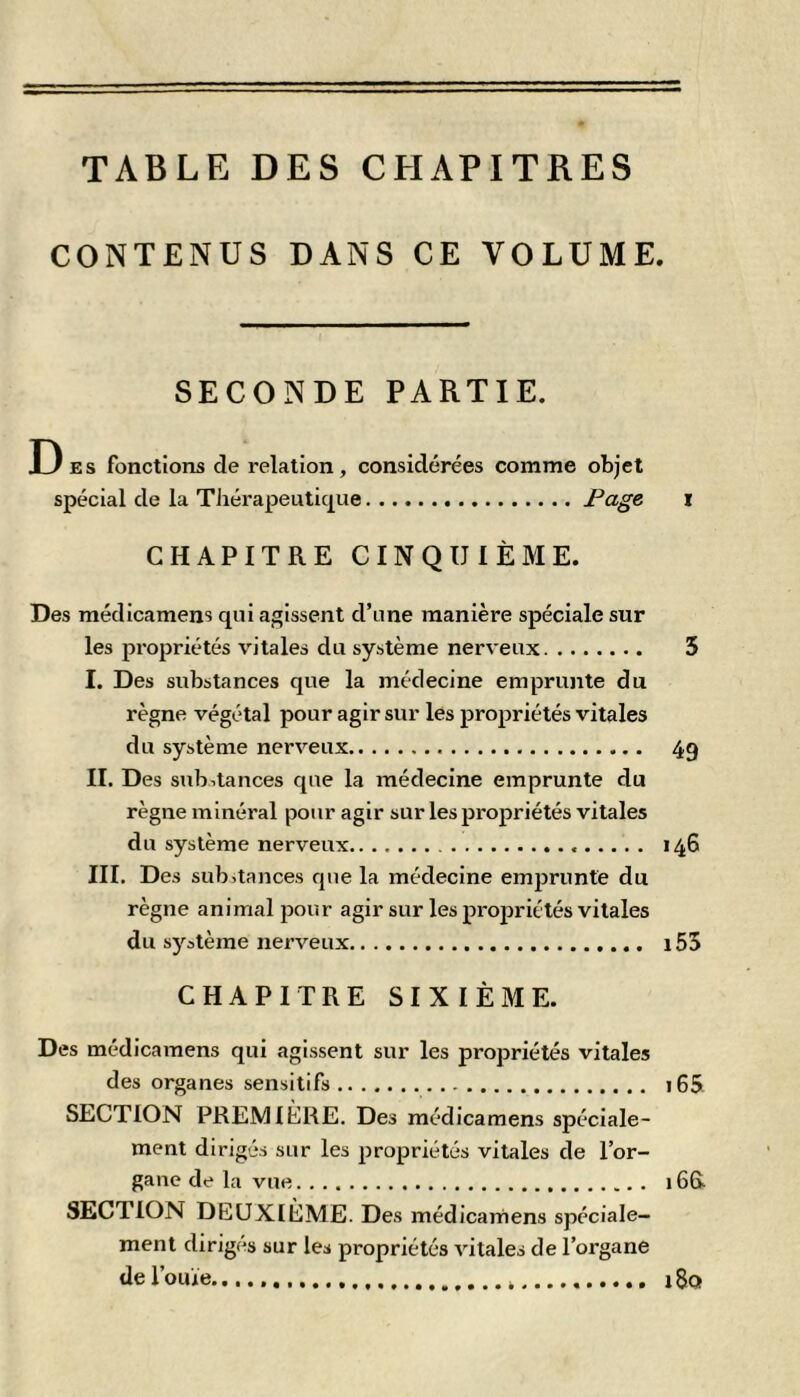 TABLE DES CHAPITRES CONTENUS DANS CE VOLUME. SECONDE PARTIE. D ES fonctions de relation, considérées comme objet spécial de la TIiérapeutic|ue * CHAPITRE CINQUIÈME. Des médicamens qui agissent d’une manière spéciale sur les propriétés vitales du système nerveux 5 I. Des substances que la médecine emprunte du règne végétal pour agir sur les propriétés vitales du système nerveux 49 II. Des substances que la médecine emprunte du règne minéral pour agir sur les propriétés vitales du système nerveux 146 III. Des substances que la médecine emprunte du règne animal pour agir sur les propriétés vitales du système nerveux 153 CHAPITRE SIXIÈME. Des médicamens qui agissent sur les propriétés vitales des organes sensitifs j65 SECTION PREMIERE. Des médicamens spéciale- ment dirigés sur les propriétés vitales de l’or- gane de la vue 166. SECTION DEUXIÈME. Des médicarnens spéciale- ment dirigés sur les propriétés vitales de l’organe de i’ouie. i 8q