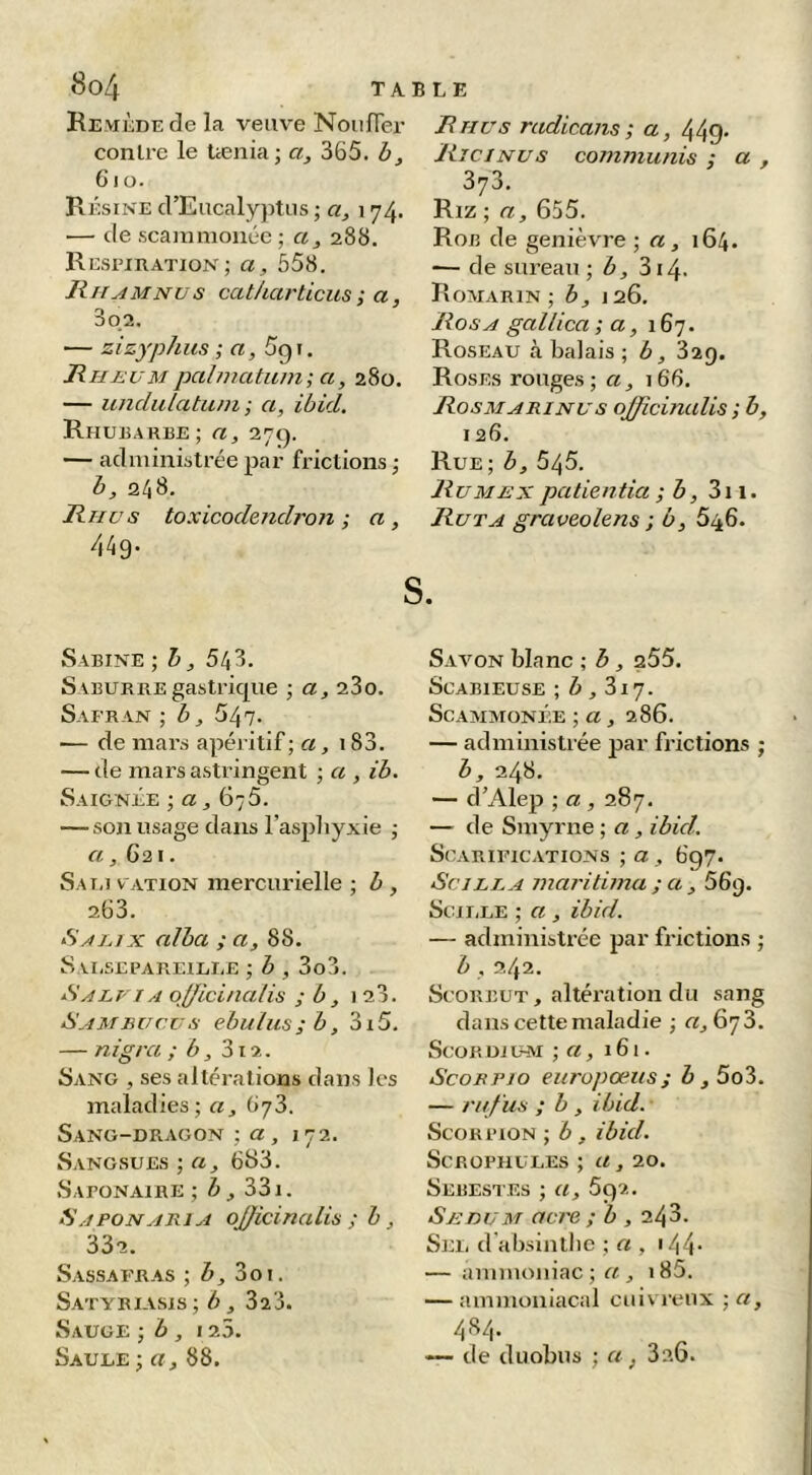 Remkde de la veuve NoiiHei’ contre le tænia; a, 365. b, 61 ü. Résine d’Eucalyptus ; a_, i 74. .— de scanimoiiéc ; 288. Rcsiuration; a, 558. JiiiAMNUs cat/iarticus ; a, 3 02. — zizyphus ; «, Sg r. HuEUM pabuatiim;a, 280. — undulatuni; a, ibid. Rhuiîarbe; a, 27g. — administrée par frictions -, b, 0,1^%. liiius toxicodendron ; a, 449. S B H U s radicans ; a, 449* Bicinvs commuais ; a 373. Riz ; a, 655. Roa de genièvre ; a, 164. -— de sureau ; b, 314. Romarin; b^ 126. Bosa gallica ; a, 167. Roseau à balais ; b, 329. Roses rouges; a, 166. Bosmarinus ojjicinalis ; b 126. Rue; b, 545. Bumex patientia ; b, 3ii. Buta graveolens ; b, 546. Sabine ; b, 543. Saburre gastrique ; a, 23o. Safran ; b, 547. — de mars apéritif ; «, 183. — de mars astringent ; a , ib. Saignée ; a ^ 675. — son usage dans l’asphyxie ; a , 62I. Sai.i v'ation mercurielle ; b , 203. ‘Saeix cdba ; a, 88. S vi.SEPAP.ElEEE ; b , 3o3. B A LUT A ojjicinaiis ; b, ^ 28. B AM BU vu s ebulus;b, 3i5, — nigra ; b, 312. Sang , ses altérations dans les maladies ; a, (iyS. Sang-dragon ; a, 172. Sangsues ; a, 6S3. Saponaire ; b , 33i. fi A BON ARIA oJJicinaLis ; b, 332. Sassafras ; b, 3oi. Satybiasis ; b , Zi'h. Sauge -, b , 120. Saule ; a, 88. Saa^on blanc ; b , 255. ScABiEUSE ; 6 J 317. Scammonée ; a, 286. — administrée par frictions ; b, 248. — d’Alep ; a , 287. — de Smyrne ; a, ibid. Scarifications ; a, 6g’/. SciLEA maritima ; a , 56g. Scii.LE ; a , ibid. — administrée par frictions ; b , 242. Scorbut, altération du sang dans cette maladie ; «,673. SCORDIUAI ; 161. ScoRPJo eiiropœus; 6,5o3. — rufus ; h , ibid. Scorpion ; b, ibid. ScROPiiULEs ; a, 20. Sebestes ; a, 5g2. S JS nu M acre ; b , 243. Sel d'absintbc ; a , i44- — ammoniac ; a , i85. — ammoniacal cuivreux ; a, 484. — de duobus ; a, 826.