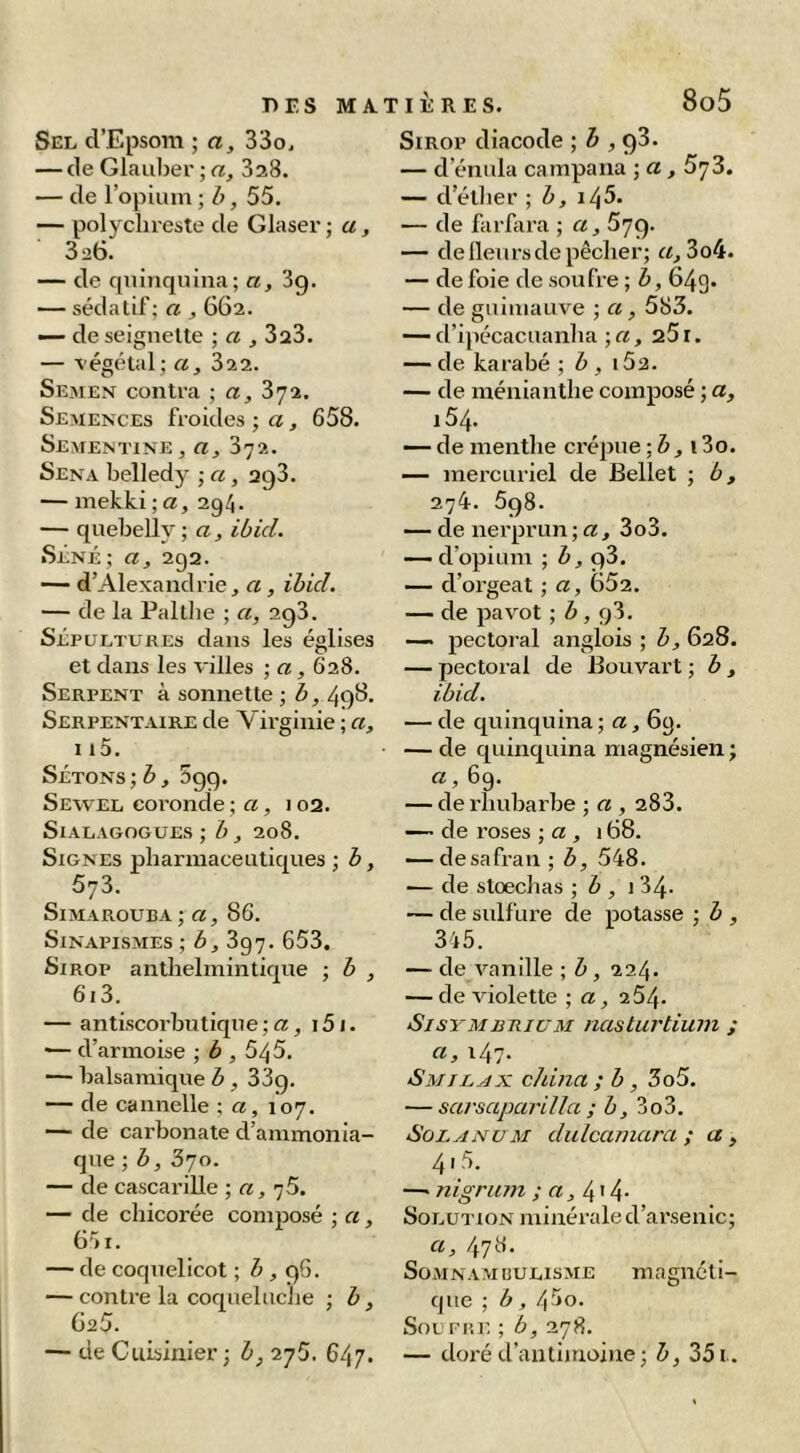 Sel d’Epsom ; a, 33o. — de Glaul)er ; a, SaS. — de l’opium ; h, 55. — polyclireste de Glaser ; a, 326. — de rpuiiquina; a, 3g. — sédatif; a , 662. — de seignelte ; a , 323. — végétal ; a, 322. Semen contra ; a, 372. Semences froides ; a, 658. Sementine, a, 872. Sena belledy ; a, agS. — mekki ; a, 294. — quebelly ; a, ibid. SÉNÉ; a, 202. — d’Alexandrie, a, ibid. — de la Paltbe ; a, 2g3. Sépultures dans les églises et dans les villes ; a, 628. Serpent à sonnette; 49^. Serpentaire de Virginie ; a, 115. Sétons; b, 5gg. Sewel coi'onde ; a, 102. SlALAGOGUES ; b , 2o8. Signes pharmaceutiques ; b, 573. Simarouba; a, 86. Sinapismes ; b, 897. 653. Sirop antlielinintique ; b , 6i3. — antiscorbutique ; a, 151. d’armoise ; è , 64 5. •— balsamique b, 33g. — de cannelle ; a, 107. ■— de carbonate d’ammonia- que ; b, 370. — de cascarille ; a, 76. — de chicorée composé ; a, 651. — de coquelicot ; 5 , g6. — contre la coqueluclie ; h , G25. — de Cuisinier ; b, 276. 647. Sirop diacode ; i , g3. — d’énula campana \ a, 5']Z. — d’étlier ; b, i45. — de farfara ; a, 57g. — de fleurs de pêcher; 3o4. — de foie de soufre ; b, 649. — de guimauve ; a, 583. d’ipécacuanha ;a, 25r. — de karabé ; b , i52. — de ménianthe composé ; a, 154. — de menthe crépue ; ô , 13o. — mercuriel de Bellet ; b, 274. 5g8. — de nerprun;<2, 3o3. d’opium ; g3. — d’orgeat ; a, 652. — de pavot ; b, 98. —. pectoral anglois ; b, 628. — pectoral de IBouvart ; b , ibid. — de quinquina ; a, 69. — de quinquina magnésien ; a, 69. — de rhubarbe ; a , 283. — de roses ; a , 168. — de safran ; b, 548. — de slœchas b , i 34. — de sulfure de potasse ; b , 345. — de vanille ; b, 224. — de violette ; a, 2 54- SisYMBUiuM nasturtium ; a, 147. Smilax china ; b, 3o5. — sarsaparilla ; b, 3o3. S01.ANUM dulcamara ; a y 4i_5. —■ nigrion ; «, 4'4- Solution minérale d’arsenic; a, 478. Somnambulisme magnéti- que ; b, /\5o. Sou pp.E ; b, 278. — doré d’antimoine; b, 351.