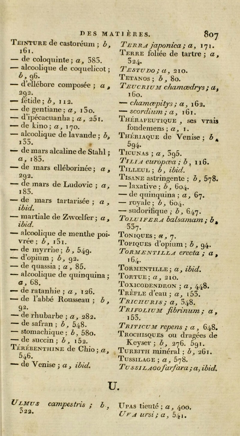 Teinture de castoréuni : h, i6i. — de coloquinte; a, 585. — alcoolique de coquelicot ; ^,96. — d’ellébore composée ; a , 292. — fétide % b, 112. — de gentiane ; a, 15o. — d’ipécacuanha ; a, 251. — de kino; a, 170. — alcoolique de lavande ; i55. — de mars alcaline de Stahl ; a, i85. — de mars elléborinée ; a , 292. — de mars de Ludovic ; a, i85. — de mars tartarisée ; a , ihid. '— martiale de Zwoelfer ; a , ibid. — alcoolique de menthe poi- vrée ; b , 151. — de myrrhe ; b , 549. — d’opium ; b, 92. — de quassia ; a , 85. — alcoolique de quinquina ; a, 68. — de ratanhie ; a , 126. — de l’abbé Rousseau ; b , 92. — de rhubarbe ; a, 282. — de safran ; b, 548. — stomachique ; b, 58o. — de succin -, b, 152. Térébenthine de Chio • a 546. — de Venise ; a, ibid. 8oy TjiRR^ japonica; a, 171. Terre foliée de tarti’e ; a, 524. Testudo ; a, 210. Tétanos ; b, %o. Teucrium c/uimœdrys; 160. — chainæpitys; a, 162. — scordium ; a, 161. Thérapeutique , ses vrais fondemens -, a, i. Thériaque de Venise ; b . 594. Ticünas ; a, Tl LIA eiiropœa ; b^ 116. Tilleue ; b, ibid. Tisane astringente ; b, 678. — laxative ; b , 604. — de quinquina ; a , 67. — royale; b, 604. — sudorifique ; b, 6.47. Toluifera balsamain; b ^ Toniques; «,7. Topiques d’opium; b, 94. Tormentilla erecta ; a , 164. Tormentieee; a, ibid. Tortue ; a, 210. Toxicodendron ; a, 448. Trèfle d’eau; i53. Trichuris ; a, 548. . Trifolium fibrinum; a, i53. Triticum repens ; a, 648. Trochisques ou dragées de Keyser ; b, 276. 691. Turbitii minéral ; b, 261. Tussilage ; a, 678. Tussilago farfara ; a, ihid. U. Ulmus campes tris ; b, Upas tieuté ; a, 400. Ufa iirsi; a, biii.
