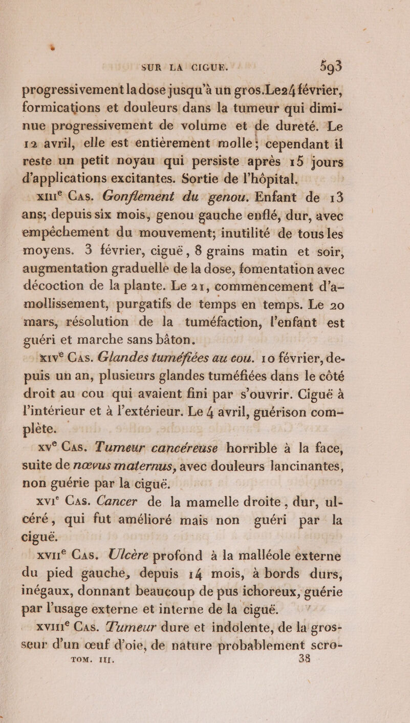 progressivement la dose jusqu’à un gros.Le2# février, formications et douleurs dans la tumeur qui dimi- nue progressivement de volume et de dureté. Le 12 avril, elle est entièrement molle: Cependant il reste un petit noyau qui persiste après 15 jours d'applications excitantes. Sortie de l'hôpital. xiu® Cas. Gonflement du genou. Enfant de 13 ans; depuis six mois, genou gauche enflé, dur, avec empêchement du mouvement; inutilité de tousles moyens. 3 février, ciguë, 8 grains matin et soir, augmentation graduelle de la dose, fomentation avec décoction de la plante. Le 21, commencement d’a- mollissement, purgatifs de temps en temps. Le 20 mars, résolution de la tuméfaction, l'enfant est guéri et marche sans bâton. x1v* Cas. Glandes tuméfiées au cou. 10 février, de- puis un an, plusieurs glandes tuméfiées dans le côté droit au cou qui avaient fini par s'ouvrir. Cigué à l’intérieur et à l'extérieur. Le 4 avril, guérison com- plète. | xv° Cas. Tumeur cancéreuse horrible à la face, suite de nœvus maternus, avec douleurs lancinantes, non guérie par la ciguë. XvI° Cas. Cancer de la mamelle droite. dur, ul- céré, qui fut amélioré mais non guéri par la cigué. _ xvu Cas. Ulcère plotinà à la malléole externe du pied gauche, depuis 14 mois, à bords durs, inégaux, donnant beaucoup de pus ichoreux, guérie par l'usage externe et interne de la ciguë. XVI Cas. Tumeur dure et indolente, de la gros- seur d’un œuf d’oie, de nature probablement scro- TOM. III. 38