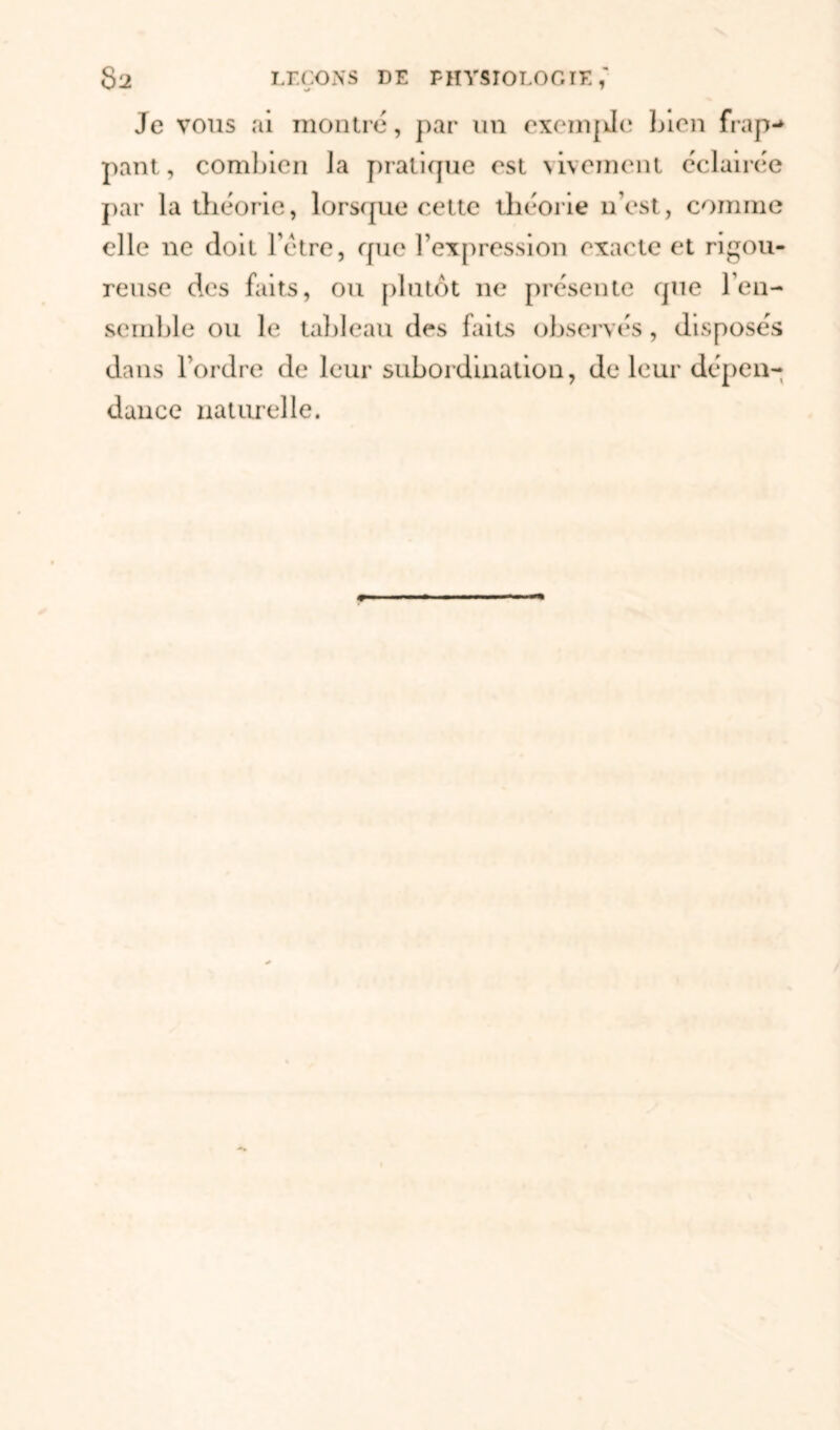 Je vous ai montré, par un exemple Lien frap-* pant, combien Ja pratique est vivement éclairée par la théorie, lorsque cette théorie n’est, comme elle ne doit l’étre, que l’expression exacte et rigou- reuse des faits, ou plutôt 11e présente que l'en- semble ou le tableau des faits observés, disposés dans l’ordre de leur subordination, de leur dépen- dance naturelle.