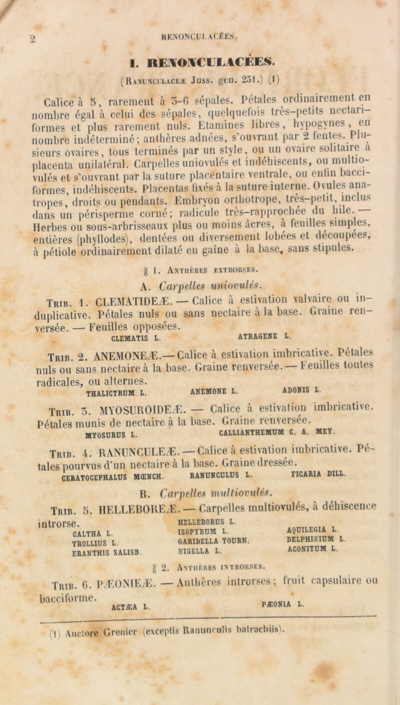 RENOIS'CUi VCÆES. Q 1. REIOICULACÉES. (IUNUPiCULACEÆ JUSS. gCO. 251.) (1) Calice à 5, rarement à 5-6 sépales. Pétales ordinairement en nombre égal à celui des sépales, quelquefois très-petits nectan- formes et plus rarement nuis. Etamines libres, hvpogynes, en nombre indéterminé; anthères adnées, s’ouvrant par 2 fentes. Plu- sieurs ovaires, tous terminés par un style, ou un ovaire solitaire a placenta unilatéral. Carpellesuniovulés et indéhiscents, ouimultio- vulés et s’ouvrant par la suture placentaire ventrale, ou enfin bacci- formes, indéhiscents. Placentas fixés à la suture interne. Ovules ana- tropes, droits ou pendants. Embryon orthotrope, très-petit, inclus dans un périsperme corné; radicule très-rapprochée du Iule. Herbes ou sous-arbrisseaux plus ou moins acres, à feuilles simples, entières (phyllodes), dentées ou diversement lobées et découpées, à pétiole ordinairement dilaté en gaine à la base, sans stipules. I I. Antukres extrorses. A. Carpelles uniovulés. Trib. 1. CLEMAT1DEÆ. — Calice à estivation valvairç ou in- duplicative. Pétales nuis ou sans nectaire à la base. Graine ren- versée. — Feuilles opposées. CLEMATIS L. ATRAGENE L. Trib. 2. ANEMONEÆ.— Calice à estivation imbricative. Pétales nuis ou sans nectaire à la base. Graine renversée. —Feuilles toutes radicales, ou alternes. THALICTRUM L. ANEMONE L. ADONIS L Trib. 5. MYOSUROIDEÆ. — Calice à estivation imbricative. Pétales munis de nectaire à la base. Graine renversée. MYOSURUS L. CALLIANTHEMUM C. A. MET. Trib. 4. RANUNCULEÆ.— Calice à estivation imbricative. Pé- tales pourvus d’un nectaire à la base. Graine dressée. CERATOCEPHALUS MŒNCH. RANUNCULUS L. FICARIA DILL. B. Carpelles multiovulés. Trib. 5. HELLEBOREÆ. — Carpelles multiovulés, à déhiscence introrse. helleborus l. CALTHA L. ISOPYRUM L. AQDILEGIA L. TROLLIUS L. GARIDELLA TOÜRN. DELPHINIUM L. ERANTHIS SALISB HIGEILA L. ACONITUM L. I 2. Trib. b. P bncciforme. ÆON1EÆ. — ACTÆA L. Anthères introrses. Anthères introrses; fruit capsulaire ou PÆONIA L. (I) Auctore Grenier (exceptis Ranunculis batrachiis).