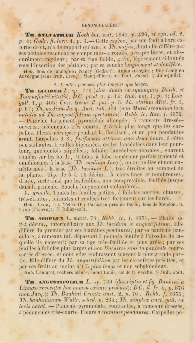 Th. sylyaticcjm Koch bot. zeit. J841, p. 426, et syn. ed. 2, y. 4 ; Godr. fl. lorr. i, p. 4.— Cette espèce, par son fruit à bord ex- terne droit, n\a de rapport qu’avec le Th. majus, dont elle diffère par ses pétioles secondaires comprimés-arrondis, presque lisses, et obs- curément anguleux ; par sa tige faible, grêle, légèrement sillonnée sous l’insertion des pétioles; par sa souche longuement stolonifère. Hab. Rois de Boulogne; Nancy (Godron); Anjou (Guépin) ; Puy-Long en Auvergne (sans fruit, Lecoq); Montpellier (sans fruit, Sngot). -f Juin-juillet. 2. Feuilles pennées, plus longues que larges. Th. i.ucihsjh L. sp. 770 [sine dubio ex synonymis Dalib. et Tournefortii citatis); DC. prod. i, p. 14; Dub. bot. \ , p. 4; Lors, gall. 1, y. 405; Coss. Germ. fl. par. y. 5; Th. elalum Mut. fr. 1, p. 0?; Th. medium Jacq. Aust. tab. 421 (non Mutel secundum loca natalia ad Th. angus ti folium s pédant ia); llchb. ic. lion. /. 4052. — Panicule largement pyramidale-allongée, à rameaux dressés- otiverts; pédoncules très-courts, 2-5 fois plus longs que les car- pelles. Fleurs porrigées pendant la floraison , et un peu pendantes avant. Carpelles 6-8, fusiformes atténués aux deux bouts, à côtes peu saillantes. Feuilles bipennées, ovales-lancéolées dans leur pour- tour, quelquefois stipeliées; folioles lancéolées-obovales, souvent roulées sur les bords, trilides à lobe supérieur parfois tridenté et cunéiformes à la base [Th. medium Jacq.); ou arrondies et non cu- néiformes à la base (Th. lucidum L.), très-étroites au sommet de la plante. Tige de 5 à lodécim., à côtes fines et nombreuses, droite, verte ainsi que les feuilles, non compressible, fouillée jusque dans la panicule. Souche longuement stolonifère.. [3. gracile. Toutes les feuilles petites, à folioles courtes, obtuses, très-étroites, luisantes et. roulées très-fortement sur les bords. Uab. Lyon, à la Tcle-d’Or; Palaiseau près de Paris, bois de Meudon; p. Lyon (T'nneroij). 2C Juillet-août, Th. si.upue'.jlL. niant. 78; llchb. ic. f. 4651. — Plante de 2-4 décim., intermédiaire aux Th. lucidum et angustifolium. Elle diffère du premier par ses étamines pendantes; par sa panicule pau- ciflore, à rameaux inf. dépassant à peine la feuille à l’aisselle de la- quelle ils naissent; par sa tige très-feuillée et plus grêle; par ses feuilles à folioles plus larges et non linéaires sous la panicule courte serrée dressée, et dont elles embrassent souvent la plus grande par- tie. Elle diffère du Th. angusti folium par les caractères précités, et par ses fruits au moins r/’ 1/5 plus longs et non subglobuleux. Hab. Laularet, rochers blancs; mont Louis, col de la Perche. Juill.-aoùt. Th. ancustifolhim L. sp. 769 (descriptio et fg. Bauhini à Linnœo revocatœ hoc nomen eximiè probant); DC. Ü. fr. 4, p. 876 (non Jacq.); Th. Bauhini Crantz aust. 2, p. 76; llchb. f. 4656; Th. bauhinianum Wallr. schcd. p. 264 ; Th. simplex and. gall. ex locis natal. — Panicule pyramidale, contractée, à rameaux dressés, à pédoncules très-courts. Fleurs à étamines pendantes. Carpelles pc-