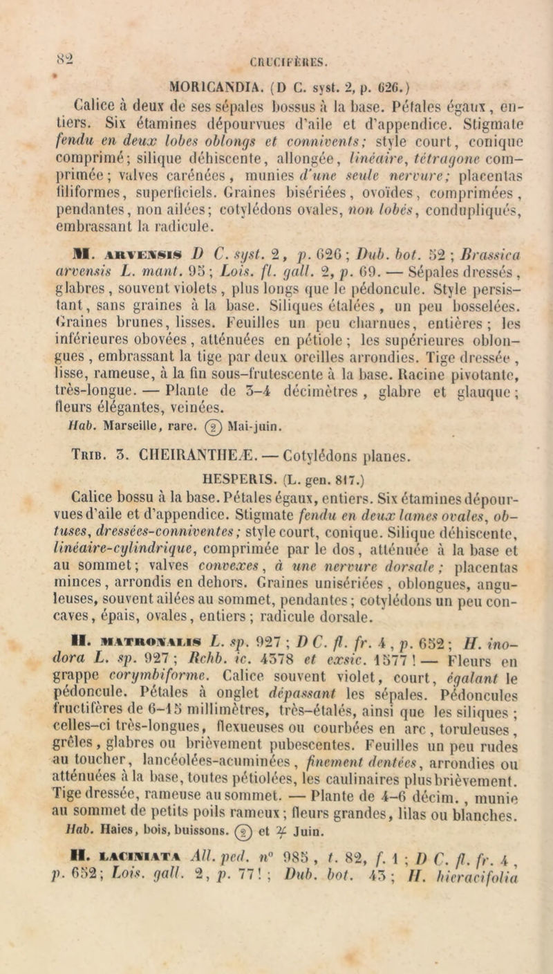 M0R1CANDIA. (D C. syst. 2, p. 626. ) Calice à deux de ses sépales bossus à la base. Pétales égaux, en- tiers. Six étamines dépourvues d’aile et d’appendice. Stigmate fendu en deux lobes oblongs et connivents; style court, conique comprimé; silique déhiscente, allongée, linéaire, tétragone com- primée; valves carénées, munies d'une seule nervure; placentas liliformes, superficiels. Graines bisériées, ovoïdes, comprimées, pendantes, non ailées; cotylédons ovales, non lobés, condupliqués, embrassant la radicule. II. AKVESSis J) C. syst. 2, p. 626; Dub. bot. 52 ; B rassi va arvensis L. niant. 95; Lois. fl. gall. 2, p. 69. — Sépales dressés, glabres, souvent violets , plus longs que le pédoncule. Style persis- tant, sans graines à la base. Siliques étalées, un peu bosselées. Graines brunes, lisses. Feuilles un peu charnues, entières; les inférieures obovées , atténuées en pétiole ; les supérieures oblon- gues , embrassant la tige par deux oreilles arrondies. Tige dressée , lisse, rameuse, à la fin sous-frutescente à la base. Racine pivotante, très-longue. — Plante de 3-4 décimètres , glabre et glauque ; Heurs élégantes, veinées. ilab. Marseille, rare. (?) Mai-juin. Trib. 3. CIIEIRANTIIEÆ.— Cotylédons planes. I1ESPERIS. (L. gen. 817.) Calice bossu à la base. Pétales égaux, entiers. Six étamines dépour- vues d’aile et d’appendice. Stigmate fendu en deux lames ovales, ob- tuses, dressées-conniventcs ; style court, conique. Silique déhiscente, linéaire-cylindrique, comprimée par le dos, atténuée à la base et au sommet; valves convexes, à une nervure dorsale; placentas minces, arrondis en dehors. Graines unisériées, oblongues, angu- leuses, souvent ailées au sommet, pendantes ; cotylédons un peu con- caves, épais, ovales, entiers; radicule dorsale. II. MiTHOSuii L. sp. 927 ; D C. fl. fr. 4 , p. 652; //. ino- dora L. sp. 927; Rchb. ic. 4378 et exsic. 1577!— Fleurs en grappe corymbiforme. Calice souvent violet, court, égalant le pédoncule. Pétales à onglet dépassant les sépales. Pédoncules fructifères de 0-15 millimètres, très—étalés, ainsi que les siliques ; celles-ci très-longues, flexueuses ou courbées en arc , tondeuses, grêles, glabres ou brièvement pubescentes. Feuilles un peu rudes au toucher, lancéolées-acuminées, finement dentées, arrondies ou atténuées a la base, toutes pétiolées, les caulinaires plus brièvement. Tige dressée, rameuse au sommet. — Plante de 4-6 décim., munie au sommet de petits poils rameux; (leurs grandes, lilas ou blanches. Uab. Haies, bois, buissons. (?) et if Juin. II. AU. ped. n° 985 , t. 82, f. 1 ; D C. fl. fr. 4 p. 652; Lois. gall. 2, p. 77!; Dub. bot. 43; If. hieracifolia