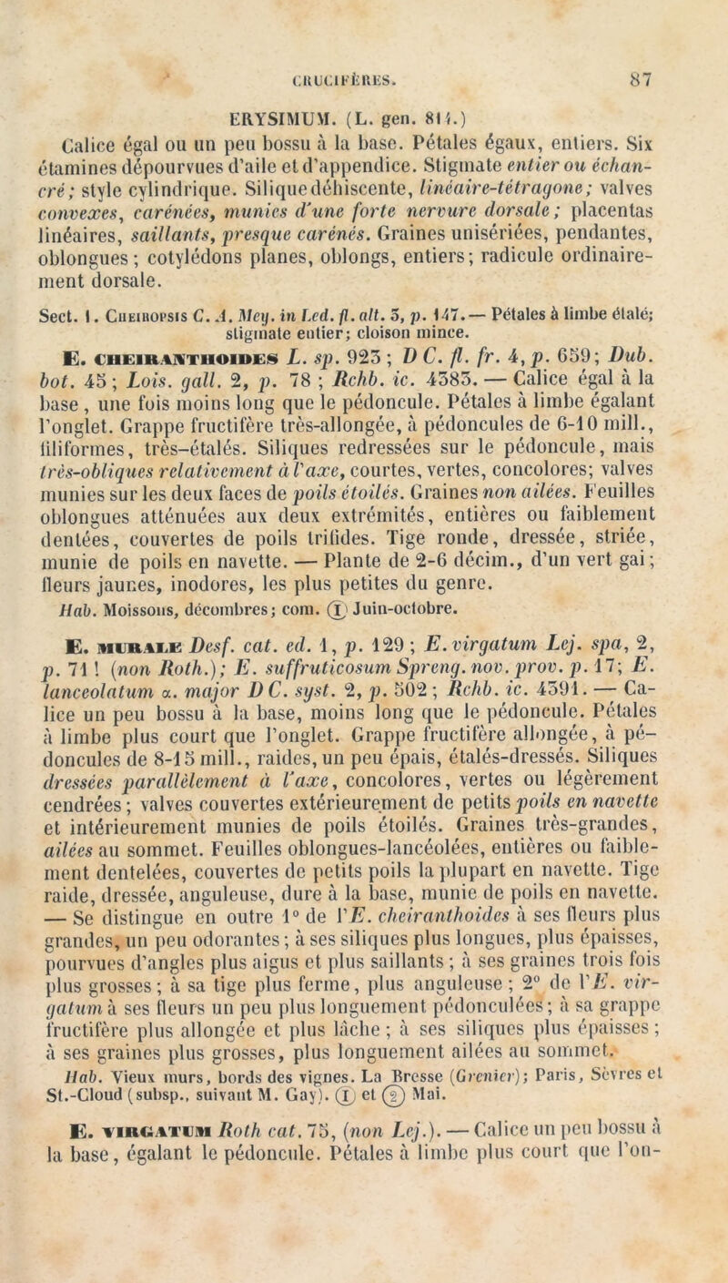 ERYSIMUM. (L. gen. 81*.) Calice égal ou un peu bossu à la base. Pétales égaux, entiers. Six étamines dépourvues d’aile et d’appendice. Stigmate entier ou échan- cré; style cylindrique. Siliquedéhiscente, linéaire-tétragone; valves convexes, carénées, munies d'une forte nervure dorsale; placentas linéaires, saillants, presque carénés. Graines unisériées, pendantes, oblongues; cotylédons planes, oldongs, entiers; radicule ordinaire- ment dorsale. Sect. 1. Cueuiopsis C. .1. DIcy. in Lcd. fl. ait. 5, p. 147.— Pétales à limbe étalé; stigmate entier; cloison mince. E. €heiraivtuoide§ L. sp. 923 ; D C. fl. fr. 4, p. 659; Dub. bot. 45 ; Lois. gall. 2, p. 78 ; Rchb. ic. 4583. — Calice égal à la base , une fois moins long que le pédoncule. Pétales à limbe égalant l’onglet. Grappe fructifère très-allongée, à pédoncules de 6-10 mill., liliformes, très-étalés. Siliques redressées sur le pédoncule, mais très-obliques relativement ci l'axe, courtes, vertes, concolores; valves munies sur les deux faces de poils étoilés. Graines non ailées. Feuilles oblongues atténuées aux deux extrémités, entières ou faiblement dentées, couvertes de poils tri (ides. Tige ronde, dressée, striée, munie de poils en navette. — Plante de 2-6 décim., d’un vert gai; Heurs jaunes, inodores, les plus petites du genre. Hab. Moissons, décombres; com. (ï) Juin-octobre. E. MURALE Desf. cat. ed. 1, p. 129 ; E.virgatum Lej. spa, 2, p. 71 ! (non Roth.); E. suffruticosum Spreng. nov. prov. p. 17; E. lanccolatum a. major DC. syst. 2, p. 502 ; Rchb. ic. 4591. — Ca- lice un peu bossu à la base, moins long que le pédoncule. Pétales à limbe plus court que l’onglet. Grappe fructifère allongée, à pé- doncules de 8-15 mill., raides, un peu épais, étalés-dressés. Siliques dressées parallèlement ci l’axe, concolores, vertes ou légèrement cendrées ; valves couvertes extérieurement de petits poils en navette et intérieurement munies de poils étoilés. Graines très-grandes, ailées au sommet. Feuilles oblongues-lancéolées, entières ou faible- ment dentelées, couvertes de petits poils la plupart en navette. Tige raide, dressée, anguleuse, dure à la base, munie de poils en navette. — Se distingue en outre 1° de \'E. cheiranthoides à ses fleurs plus grandes, un peu odorantes ; à ses siliques plus longues, plus épaisses, pourvues d’angles plus aigus et plus saillants ; à ses graines trois fois plus grosses; à sa tige plus ferme, plus anguleuse ; 2° de VE. vir- gatum à ses fleurs un peu plus longuement pédonculées; à sa grappe fructifère plus allongée et plus lâche ; à ses siliques plus épaisses ; à ses graines plus grosses, plus longuement ailées au sommet. ltab. Vieux murs, bords des vignes. La Bresse (Grenier); Paris, Sèvres et St.-Cloud (subsp., suivant M. Gay). (|) et (?) Mai. E. virgatum Roth cat. 75, (non Lej.). — Calice un peu bossu a la base, égalant le pédoncule. Pétales à limbe plus court que l’on-