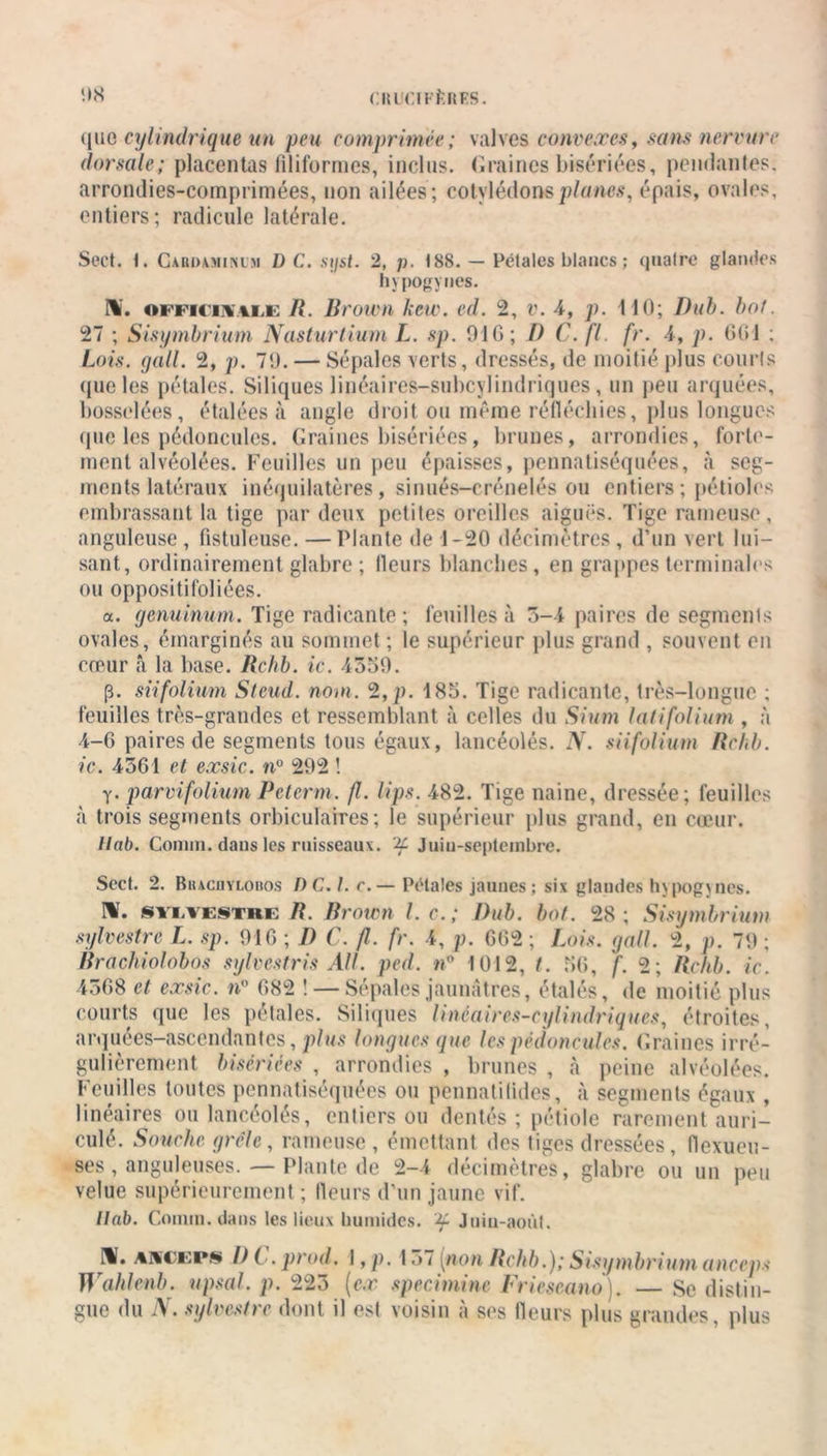 que cylindrique un peu comprimée; valves convexes, sam nervure dorsale; placentas filiformes, inclus. Graines bisériées, pendantes, arrondies-comprimées, non ailées ; cotylédons planes, épais, ovales, entiers; radicule latérale. Sect. 1. C.uuuMism D C. sijst. 2, p. 188. — Pétales blancs ; qnalre glandes hy pogynes. ML officinale II. Brown Uew. ed. 2, v. 4, p. MO; Dub. bot. 27 ; Sisymbrium Nasturtium L. sp. 916; D C. fl. fr. 4, p. 661 ; Lois. gall. 2, p. 79. — Sépales verts, dressés, de moitié plus courts que les pétales. Siliques linéaires-subcylindriques, un peu arquées, bosselées, étalées à angle droit ou même réfléchies, plus longues que les pédoncules. Graines bisériées, brunes, arrondies, forte- ment alvéolées. Feuilles un peu épaisses, pennatiséquées, à seg- ments latéraux inéquilatères, sinués-crénelés ou entiers; pétioles embrassant la tige par deux petites oreilles aiguës. Tige rameuse, anguleuse , fistuleuse. — Plante de 1-20 décimètres , d’un vert lui- sant, ordinairement glabre ; fleurs blanches, en grappes terminales ou oppositifoliées. a. (jenuinum. Tige radicante ; feuilles à 5—i paires de segmenis ovales, émarginés au sommet; le supérieur plus grand , souvent en cœur â la base. Rehb. ic. 4559. p. siifolium Steud. nom. 2,p. 185. Tige radicante, très-longue ; feuilles très-grandes et ressemblant à celles du Sium latifolium , à 4-6 paires de segments tous égaux, lancéolés. N. siifolium Rehb. ic. 4561 et exsic. n° 292 ! y. parvifolium Pcterm. fl. lips. 482. Tige naine, dressée; feuilles à trois segments orbicularres; le supérieur plus grand, en cœur. llab. Connu, dans les ruisseaux, if Juin-septembre. Scct. 2. Biucuylobos /) C. I. c.— Pétales jaunes; six glandes hypogynes. HL sylvestre R. Brown Le.; Dub. bot. 28; Sisymbrium sylvestre L. sp. 916 ; D C. fl. fr. 4, p. 662 ; Lois. gall. 2, p. 79 ; Brachiolobos sylvestris AU. ped. n° 1012, t. 56, f. 2; Rehb. ic. 4568 cl exsic. n° 682 ! — Sépales jaunâtres, étalés, de moitié plus courts que les pétales. Siliques lincaires-cylindriques, étroites, arquees—ascendantes, plus longues que les pédoncules. Graines irré- gulièrement bisériées , arrondies , brunes , à peine alvéolées. Feuilles toutes pennatiséquées ou pennatilides, à segments égaux , linéaires ou lancéolés, entiers ou dentés ; pétiole rarement auri- culé. Souche grêle, rameuse , émettant des tiges dressées, flexueu- ses, anguleuses. — Plante de 2-4 décimètres, glabre ou un peu velue supérieurement; fleurs d’un jaune vif. llab. Comin. dans les lieux humides, if Juin-août. ML anceps DC.prod. I ,p. 157 (won Rehb.);Sisymbriumanceps Wahlenb. upsal. p. 225 (ex specimine Frieseano). — Se distin- gue du N. sylvestre dont il est voisin à ses fleurs plus grandes, plus