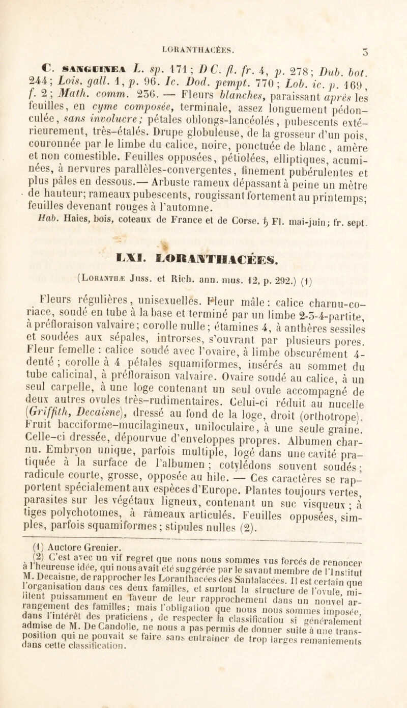 LORÀNTHACÉES. C. *v\<.ii\ï;a L. sp. 171 ; DC. fl. fr. 4, p. 278; 7>«5. ô0* 244; Lois. gall. \,p. 96. Ic. Dod. pempt. 770; Lob.ic.p. 169^ f. 2 , Math. comm. 2o6. — Fleurs blanches, paraissant après les feuilles, en cyme composée, terminale, assez longuement pédon- culée, sans involucre; pétales oblongs-lancéolés, pubescents exté- rieurement, très—étalés. Drupe globuleuse, de la grosseur d’un pois couronnée par le limbe du calice, noire, ponctuée de blanc, amère et non comestible. Feuilles opposées, pétiolées, elliptiques,'acumi- nées, à nervures parallèles-convergentes, finement pubérulentes et plus pâles en dessous.— Arbuste rameux dépassant à peine un mètre de hauteur; rameaux pubescents, rougissant fortement au printemps- feuilles devenant rouges à l’automne. Hab. Haies, bois, coteaux de France et de Corse. 1> Fl. mai-juin; fr. sept. (Loranthæ Juss. et Rich. anu. mus. t2, p. 292.) (t) Fleurs régulières, unisexuellés. Fleur mâle: calice charnu-co- riace, soudé en tube à la base et terminé par un limbe 2-5-4-partite, à préfloraison valvaire; corolle nulle; étamines 4, à anthères sessiles et soudées aux sépales, introrses, s’ouvrant par plusieurs pores. Fleur femelle : calice soudé avec l’ovaire, à limbe obscurément 4- denté ; corolle à 4 pétales squamiformes, insérés au sommet du tube calicinal, à préfloraison valvaire. Ovaire soudé au calice, à un seul carpelle, a une loge contenant un seul ovule accompagné de deux auties ovules ties—rudimentaires. Celui-ci réduit au nucelle (Gt iffith, Decaisne), dresse au fond de la loge, droit (orthotrope). Fruit bacciforme-mucilagineux, uniloculaire, à une seule graine Celle-ci dressée, dépourvue d’enveloppes propres. Albumen char- nu. Embryon unique, parfois multiple, logé dans une cavité pra- tiquée a la surface de l’albumen ; cotylédons souvent soudés • radicule courte, grosse, opposée au hile. — Ces caractères se rap- portent spécialement aux espèces d’Europe. Plantes toujours vertes parasites sur les végétaux ligneux, contenant un suc visqueux • à tiges polychotomes, à rameaux articulés. Feuilles opposées «im- pies, parfois squamiformes ; stipules nulles (2). (1) Auctore Grenier. (2) C’est avec un yif regret que nous uous sommes vus forcés de renoncer a heureuse idee, qui nous avait été suggérée par le savaut membre de l’Institut M. Decaisue, de rapprocher les Loranthacées des Santalacées. Il est certain nue organisation dans ces deux familles, et surlout la structure de l’ovule mi- litent puissamment en faveur de leur rapprochement dans un nouvel ar- des fanlll|es; mais l'obligation que nous nous sommes imposée dans 1 interet des praticiens , de respecter la classification si généralement admise de M. De Caudolie, ne nous a pas permis de donner suile à une lrans- Ccen,,eqelaUssiSon.Se fa're en,raiDer de ‘P '—iemenis