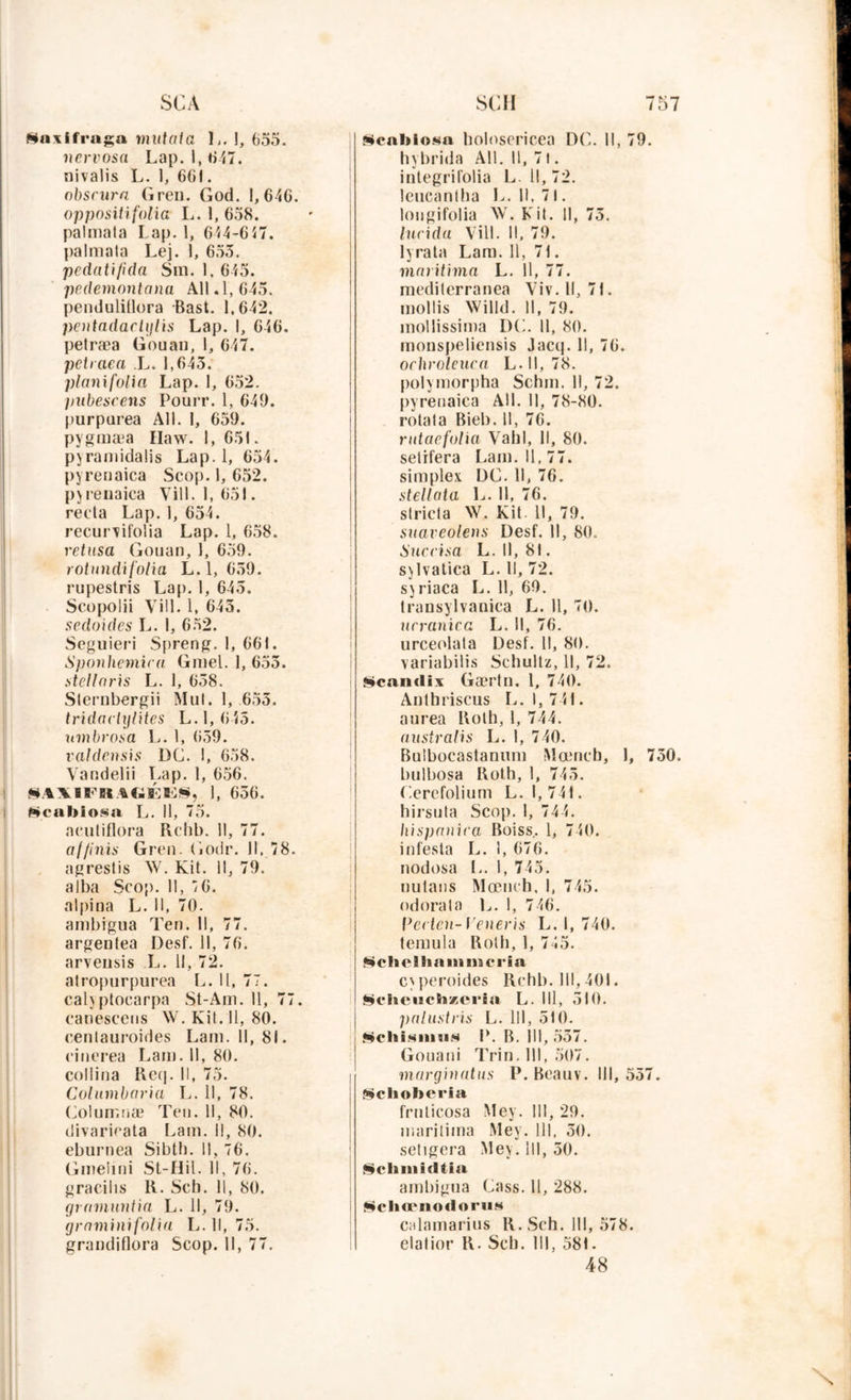 Saxifraga muta fa L. I, 655. nervosa Lap. 1,647. nivalis L. 1, 661. obscura Gren. God. 1, 646. oppositifolia L. 1, 658. palmata Lap. 1, 644-657. palmata Lej. 1, 655. pedatifida Sin. 1, 645. pedemontana Ail .1, 645. penduliflora Bast. 1,642. pentadactijlis Lap. I, 646. petræa Gouan, I, 647. petraea L. 1,645. planifolia Lap. 1, 652. inibescens Pourr. 1, 649. purpurea Ail. I, 659. pygmæa Haw. 1, 651. pyramidaüs Lap. 1, 654. pyrenaica Scop. 1,652. pyrenaica Vill. 1,651. reda Lap. 1, 654. recun/ifolia Lap. 1, 658. retitsa Gouan, 1, 659. rotundifolia L. 1, 659. rupestris Lap. 1, 645. Scopolii Vill. 1, 643. scdoidcs L. I, 652. Seguieri Spreng. I, 661. Sponhemira Gmel. 1, 655. stellaris L. 1, 658. Slernbergii Mul. 1, 653. tridaclylites L. 1,645. umbrosa L. 1, 639. valdensis DC. 1, 658. Vandelii Lap. 1, 656. iA\IFRAGÉE§, 1, 656. ftcablosa L. Il, 75. acutiflora Pichb. 11, 77. affinis Gren. (iodr. Il, 78. agrestis W. Kit. 11, 79. alba Scop. 11, '6. alpina L. Il, 70. ambrgua Ten. Il, 77. argenfea Desf. 11, 76. arvensis L. Il, 72. atropurpurea L. Il, 77. calyptocarpa St-Am. Il, 77. canescens W. Kit. Il, 80. centauroides Lam. 11, 81. cinerea Lara. 11, 80. collina Req. Il, 75. Columbaria L. Il, 78. Colurrmæ Ten. Il, 80. divarieata Lam. Il, 80. eburnea Sibth. Il, 76. Gmeiini St-Hil. Il, 76. gracibs R. Sch. Il, 80. gramuntia L. Il, 79. grnminifolia L. Il, 75. grandiflora Scop. Il, 77. Mcabiosa holosericea DC. Il, 79. hybrida Ail. Il, 71. integrifolia L. 11,72. leucantha L. Il, 71. lougifolia W. Kit. Il, 75. lucida Vill. Il, 79. lyrata Lam. 11, 71. maritima L. 11, 77. medilerranea Viv.ll, 71. mollis Willd. Il, 79. raollissima DC. 11, 80. monspeliensis Jacq. Il, 76. ochroleuca L.ll, 78. polymorpha Schm. Il, 72. pyrenaica Ali. 11, 78-80. rotata Bieb. 11, 76. rutaefolia Vahl, II, 80. setifera Lara. 11,77. simplex DC. Il, 76. stellata L. 11, 76. strieta W. Kit. Il, 79. sxtareolens Desf. Il, 80. Sucrisa L. Il, 81. sylvatica L. Il, 72. syriaca L. 11, 69. transylvanica L. Il, 70. urranica L. Il, 76. urceolala Desf. Il, 80. variabilis Schultz, 11, 72. £candix Gærtn. 1, 740. Anthriscus L. 1,741. aurea Roth, 1, 744. australis L. 1, 740. Bulbocastanum Mœnch, 1, 750. bulbosa Roth, 1, 745. Cerefolium L. 1,741. hirsuta Scop. 1, 744. hispanira Boiss.. 1, 740. infesta L. 1, 676. nodosa L. 1, 745. nutans Mœnch, I, 745. odorata L. 1, 746. Pectcn-t'eneris L. I, 740. teraula Roth, 1, 745. Nchelliain na cri a cyperoides Rchb. III,401. §cheuchxei‘ia L. 111, 310. palustris L. 111, 510. IL B. III, 537. Gouani Trin. 111, 507. marginatns P. Beauv. 111,537. Sclioberia frnticosa Mey. 111, 29. maritima Mey. III, 50. setigera Mey. 111,50. Schinidtia ambigua Cass. 11, 288. Ncliceiiodoru» ch la ma ri u s R. Sch. 111, 578. clatior R. Sch. 111, 581. 48 \