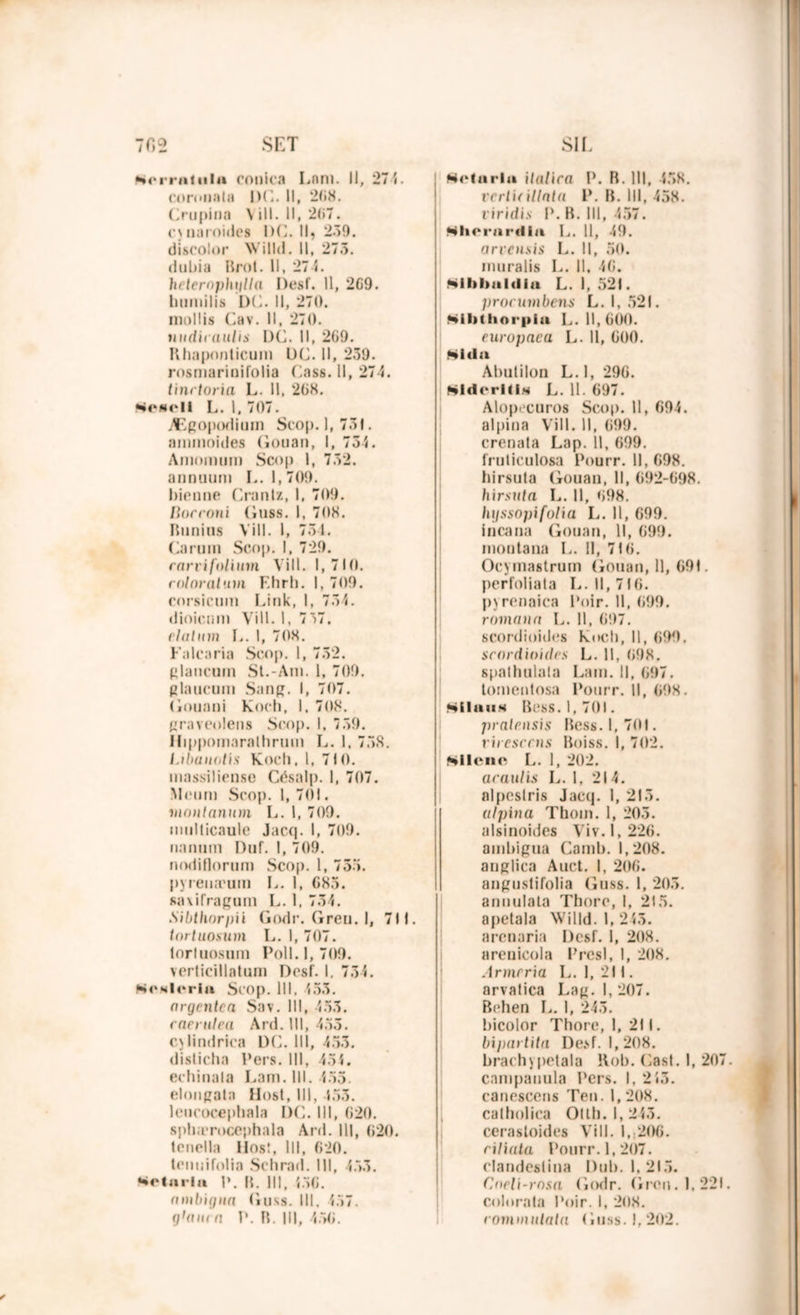 coroiiata DC. Il, 208. Crupina \ ill. Il, 2(i7. c\ naroides I)C. Il, 239. discolor Willd. Il, 273. diibia Brol. Il, 274. hcteroplnil/a Desf. Il, 2G9. htimilis DC. Il, 270. mollis Cav. Il, 270. iiudirauhs DC. Il, 269. Ilhaponlicum UC. 11, 239. rosmarioifolia Cass. 11, 274. tinctoria L. 11, 268. SckcII L. 1, 707. Ægopodium Scop. 1, 731. anunoides Gouan, I, 754. Amomum Scop 1, 732. anouum L. 1,709. bien ne Crantz, I, 709. Rorroni (iuss. I, 708. Htmins Vill. I, 751. Carum Scop. I, 729. rani folium Vill. I, 710. roloralum F.hrh. I, 709. corsicum Link, I, 734. dioicnm Vill. I, 737. elalum I>. I, 708. Falcaria Scop. 1, 752. glaucum St.-Am. 1, 709. glaucum Sang. I, 707. Gouani Koch, I. 708. graveolens Scop. I, 759. Hippomaralhrum L. 1. 758. Lihanotis Koch. 1, 710. massiliense Césalp. I, 707. Mcum Scop. 1, 701. inontanum L. 1, 709. mnlticaule Jacq. I, 709. nammi Duf. I, 709. nodillorum Scop. 1, 755. pyrena'um L. 1, G85. saxifragum L. 1. 734. Sibthorpii Godr. Greu. I, 711. tortuosum L. I, 707. lorluostim Poil. 1,709. verticillatum Desf. I, 734. «CNlerlii Scop. III, 453. urgente a Sav. 111, 453. raenilea Ard. III, 453. C)lindriea DC. III, 453. disticha Pers. 111, 451. echinala Lam. III. 455. elonpala Host, 111, 453. leucocephala DC. III, 020. sphærocephala Ard. Ill, 620. tenella Hosî, III, 620. tenuifolia Schrad. Ill, 453. *ctnrlrt P. R. III, {56. nmhigua (iuss. 111. 157. g'am a P. B. III, 450. vcrlidllnta P. B. 111, 458. viridis P. B. 111, 457. Nlierurdlii L. 11, 49. arvensis L. Il, 50. muralis C. II. 46. Nihhulrilu L. 1, 521. procumbens L. I, 521. ftihthorpiu L. 11,600. europaea L. 11, 600. 8i(la Ahulilon L.l, 296. Slderlt!» L. 11. 697. Alopecuros Scop. Il, 694. alpioa Vill. Il, 699. crenata Lap. 11, 699. fruliculosa Pourr. 11, 698. hirsula Gouau, 11, 692-698. hirsuta L. 11, 098. lujssopifolia L. 11, 699. incana Gouan, 11, 699. montana L. 11, 716. Ocymastrum (iouan, 11, 691. perfoliala L. Il, 716. pyrenaica Poir. 11, 099. romana L. 11, 697. scordioides Koch, II, 099. scordioidrs L. Il, 098. spalhulala Lam. Il, 097. lomeotosa Pourr. Il, 698. NtlauM Bcss. 1,701. pralensis Bess. 1,701. riresccns Boiss. 1, 702. Aliène L. 1, 202. acaulis L. 1, 214. nipeslris Jacq. 1, 213. ttlpina Thom. 1, 205. alsinoides Viv. 1,220. ambigua Camb. 1,208. anglica Auct. I, 200. angustifolia (iuss. 1, 203. anuulata Thore, I, 215. a pela la Willd. 1, 243. arenaria Desf. 1, 208. arenicola Prcsl, I, 208. Armeria L.l, 211. arvalica Lag. I, 207. Behen L. I, 245. bicolor Thore, I, 211. bipartita Desf. 1,208. brachypctala Rob. Cast. I, 207 cnmpauula Pers. I, 2 53. cauesceus Teu. 1, 208. catholica Olth. 1,243. cerastoides Vill. 1, 206. riliuta Pourr. 1,207. clandeslina Dub. I. 215. Cneli-rosa Godr. Gren. 1,221 colorata Poir. I, 208. rommntala (iuss. 1,202.