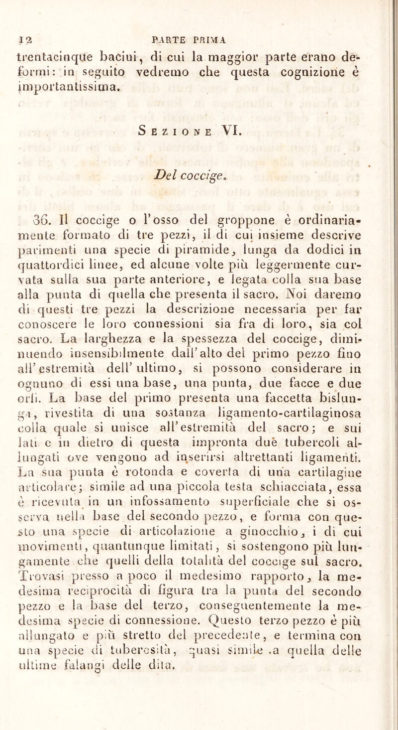 trentacinqùe baòiui, di cui la maggior parte erano de- formi: in seguito vedremo che questa cognizione è importantissima. Sezione VI. Del coccige. 36. lì coccige o l’osso del groppone è ordinaria- mente formato di tre pezzi, il di cui insieme descrive parimenti una specie di piramide, lunga da dodici in quattordici linee, ed alcune volte più leggermente cur- vata sulla sua parte anteriore, e legata colla sua base alla punta di quella che presenta il sacro. Noi daremo di questi tre pezzi la descrizione necessaria per far conoscere le loro connessioni sia fra di loro, sia coi sacro. La larghezza e la spessezza del coccige, dimi- nuendo insensibilmente dall’alto dei primo pezzo fino all’estremità dell’ultimo, si possono considerare in ognuno di essi una base, una punta, due facce e due orli. La base del primo presenta una faccetta bislun- ga, rivestita di una sostanza ligamento-cartilaginosa colla quale si unisce all’estremità del sacro; e sui lati e m dietro di questa impronta duè tubercoli al- lungati ove vengono ad inserirsi altrettanti ligamenti. La sua punta è rotonda e coverta di una cartilagine articolare; simile ad una piccola testa schiacciata, essa è ricevuta in un infossamento superficiale che si os- serva nella base del secondo pezzo, e forma conque- sto una specie di articolazione a ginocchio, i di cui movimenti, quantunque limitati, si sostengono più lun- gamente che quelli della totalità del coccige sul sacro. Trovasi presso a poco il medesimo rapporto, la me- desima reciprocità di figura tra la punta del secondo pezzo e la base del terzo, conseguentemente la me- desima specie di connessione. Questo terzo pezzo è più allungato e più stretto del precedente, e termina con una specie di tuberosità, quasi simile .a quella delle ultime falangi delle dita. O