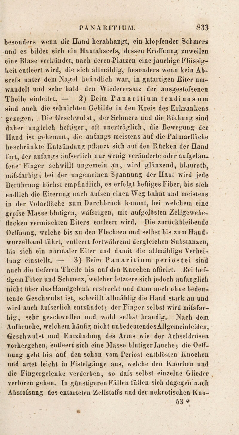 besonders wenn die Hand berabhaugt, ein klopfender Scbmer^ und es bildet sieb ein Hautabscefs, dessen EröfFiiung zuweilen eine Blase verkündet, nach deren Platzen eine jauchige Flüssig- keit entleert wird, die siclj aliinählig, besonders wenn kein Ab* scefs unter dem Nagel befiudlicb war, in gutartigen Eiter um- wandelt und sehr bald den Wiederersatz der ausgestofsenen Theile eiuleitet, — 2) Beim Pauaritium tendinosum sind auch die sehniebten Gebilde in den Kreis des Erkrankens ' gezogen. , Die Geschwulst, der Schmerz und die Rötbung sind daher ungleich heftiger, oft unertreäglich, die Bewegung der Hand ist gehemmt, die anfangs meistens auf die Palmarlläche beschrankte Entzündung pflanzt sich auf den Kücken der Hand fort, der anfangs äufserlich nur wenig veränderte oder aufgelau- fene'Finger schwillt ungemein an, wird glänzend, blauroth, mifsfarbig; bei der ungemeinen Spannung der Haut wird jede Berührung höchst empüudlich, es erfolgt heftiges Fiber, bis sich endlich die Eiterung nach aufsen einen Weg bahnt und meistens in der Yolarfläche zum Durchbruch kommt, bei welchem eine grofse Masse blutigen, wäfsrigen, mit aufgelösten Zellgewebe- Hocken vermischten Eiters entleert wird. Die zurückbleibende Oelfnung, welche bis zu den Flechsen und selbst bis zum Hand- wurzelbaud führt, entleert fortwährend dergleichen Substanzen, bis sich ein normaler Eiter und damit die allrnählige Verhei- lung einstellt. — 3) Beim Pauaritium periostei sind auch die tieferen Theile bis auf den Knochen afficirt. Bei hef- tigem Fiber und Schmerz, welcher letztere sich jedoch anfänglich nicht über das Handgelenk erstreckt und daun noch ohne bedeu- tende Geschwulst ist, schwillt allmählig die Hand stark au und wird auch äufserlich entzündet; der Finger selbst wird mifsfar- big, sehr geschwollen und wohl selbst brandig. Nach dem Aufbruche, welchem häulig nicht unbedeutendesAligemeinleiden, Geschwulst und Entzündung des Arms wie der Achseldrüsen vorhergehen, entleert sich eine Masse blutiger Jauche; die Oelf- nung geht bis auf den schon vom Periost entblösteii Knochen und artet leicht in Fistelgänge aus, welche den Knochen und die Fingergelenke verderben, so dafs selbst einzelne Glieder verloren gehen. In günstigeren Fällen füllen sich dagegen nach Ahstofsung des entarteten Zellstoffs und der nekrotischen Kno- 53^