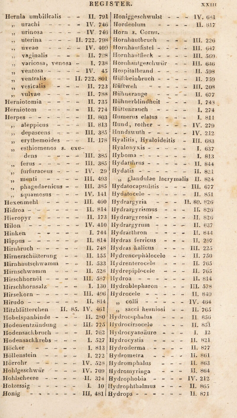 Hernia umbilicalis — - II. 791 Honiggeschwulst - - •• IV. 681 „ urachi - - - - IV. 746 Hordeolum _ _ _ II. 8.17 ,, urinosa - - i — - IV. 746 Horn s, Cornu. uterina - - - II. 722. 798 Hornhautbruch - - — HI. 226 ,, uveae - - .JL - IV. 409 Horrihautfistel - - - - HI. 647 ,, vaginalis - - II. 798 Hornhaullleck - — III. 560* ,, varicosa, yenosa I. 738 IloiMihaufgeschwür - III. 646 „ yentosa - - - - IV. 45 Hospitalbvand - - - - 11. 598 ,, yentralis - - II. 722. 801 Hüflbeinbruch - - _ — II. 759 „ yesicalis - - II. 723 Hüftweh - - _ _ — HL 208 ,, yulyae - - — - II. 788 Hühnerauge - _ 11. 677 Kerniotomia - - - - II. 735 Hühnerblindheit - - tm I. 748 Herniotom - - - — II. 774 Hüttenrauch - _ » — I. 274 Herpes - - - - - II. 803 Humerus elatus - - - I. 811 ,, aleppicus - - - 11. 813 Hund, rother - - - - IV. 279 j, depascens - - - HL 385 Hnndswuth - IV. 212 „ erythemoides — - II. 178 Hyalitis, Hyaloideitis - III. 683 „ esthiomenos s. exe- Hyalouyxis - - - _ - I. 637 dens - - — - III. 385 Hyboma - - - - _ I. 813 ,, ferus - - - — - III. 385 Hydarthrus - - - _ — II. 844 ,, fiirfiiraceiis - - - IV. 29 Hydalis - - - - - n. 821 „ menti - -■ - III. 493 „ glandulae lacryrnalis II. 824 ,, phagedaenicus - - III. 385 Hydatocapsuiilis - - - HL 677 ,, scpiarnosiis - - - IV. 141 Hydatocele - _ » - - 11. 851 Hexenmehl - - - - III. 460 Hydrargyria - _ H. 89. 826 Hidroa - - - - II, 814 Hjdrargyrismus - - - IL 826 Hieropyr - - - - - II. 173 Hydrarg3WOsi3 - - - - II. 826 Hilon - - - - - IV. 410 Hydrargyrum - - - II. 637 Hinken - » - - I. 744 Hydrarthron - - _ - IL 844 Hippus - - - - — -- II. 814 Hydras ferricus - - H. 297 Hirnbruch - - - - - II, 748 Hydras ‘kalicus - - - HI. 225 Hirnerschütterung — - 11. 155 Hydrencephälocele - H. 750 Hirnhautschwamm — - II. 533' Hydrenterocele - - - IL 765 Hirnschwamm — — II. 528 Hydrepiplocele -• - - II. 765 Hirschhornöl - - — - III. 587 Hydroa ----- H. 814 Hirschhornsalz — I. 130 Hydroblepharon - - HI. 578 Hirsekorn >- - - - - III. 496 Hydrocele - - - - - IL 849 Hirudo - - - - - >— II, 814 „ colli - - - - IV. 464 Hitzblätterchen 11. 85. IV, 461 „ sacci herniosi - IL 765 Hobelspanbinde - - - 11. 280 Hydrocophalus - - - II. 856 Hodenenfziindung - - III.' 775 ilydrocirsocele - - - II. 851 Hodensackbruch - — ~ II. 76,2 Hydrocyansäure - - - 1. 12 Hodensackkrebs - — I. 527 Hydrocystis - - - - H. 821 Höcker _ _ _ — I. 813 Hydro derma - - - - II. 877 Höllenstein ~ - T- I. 272 Hydroraelra - H. 861 Hörrohr - _ _ - - IV. 528 j Hydromphalus - - - II. 863 Hohlgeschwür — - IV. 7091 Hydromyringa - - - 11. 864 Hohlscheere - - - - 11. 3741 Hydrophobia - - - IV. 212 Holzessig - - - - I. 10 j Hydrophthalmus - - - IL 865 Honig - , - - - - HL 4811 Hydrops ----- II. 871 t