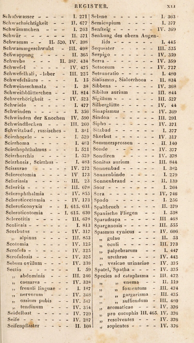 Schiifswasser - - - -• I. 271 Selene ----- - Ir 363 Schwachsichtigkeit - - II. 677 Semicnpium - - - - I. 377 Schwämmchen - - - I. 263 Senfteig ^ _ - IV. 369 Schwär - - - - - II. 571 Senkung des obern Augen - Schwamm - - II. 520. IV. 398 lids ----- I. 445 Schwammgeschwulst - III. 498' Sequester - . ^ - - III. 535 Schwappung - - - - II. 365 j Serpigo ----- IV. 359 Schwebe - - - II. 387. 434 1 Serra ------ IV. 359 Schwefel - _ _ - - IV. 475 Setaceum - - - - - IV. 727 Schwefelkali, -leber — III. 225 Setruncatio - - - - - I. 480 Schwefelsäure - - - — I. 15 Sialismus, Sialorrhoea - II. 834 Schweineschmalz - I. 38 Sibbens ----- IV. 368 Schweifsblätlerchen - — II. 8141 Sibilus aurium - - - III. 844 Schwerhörigkeit - — — IV. 523 Sigillum ----- III. 527 Schwiele - - _ — — I. 477 Silberglätte - - - - IV. 44 Schwinden - - - - ^ I. 356 Sinapismus - - - - - IV. 369 Schwinden der Knochen IV. 590 Sindon ----- III. 291 Schwindflecken — — III. 260. Sipho- - - - - - IV. 371 Schwitzbad , russisches - I. 381 SiJzbad ----- I. 377 Scirrhocele - - - - - I. 529 Skorbut ----- IV. 317 Scirrhoma - - - _ I. 483 Sommersprossen - - - II. 140 Scirrhophthalmus - - - I. 521 Sonde ----- IV. 377 Scirrhorchis - - - I. 529 So nd Iren - - _ - - IV. 378 Scirrhosis, Scirrhus _ _ I. 483 Sonittis aurium - - - III. 844 Scissurae - _ _ - - IV. 272 Sonnenbad - - - - - I. 382 Sclerecfomia - - - - IV 173 Sounenbinde - - - - I. 279 Scleriasis - - - III. 23 Sonnenbrand - - - - 11. 139 Scleriiis - - - - III. 678 Soor ------ I. 264 Sclerophthalmia - IV. 855 Sora ------ IV, 746 Scleroticectomia - _ _ IV. 173 Spado ----- I. 256 Scleroticonyxis - - I. 615. 631 Spaltbruch - - - - “ II. 379 Scleroticotomia - I. 615. 630 Spanische Fliegen - I. 538 Sderotitis - - - - - III. 678 Sparadrapa - - - - - III 468 Scoliosis - - - - I. 813 Sparganosis - - - - - III. 555 Scorbutns - - - - - IV. 317 Spasmus cynicus - - - IV. 606 ,, alpinus - - _ _ III. 853 „ gulae - - - - II. 53 Scotomia - - _ _ _ IV. 125 „ oculi - - - - - III. 773 Scrofiila IV. 325 ,, palpebrarum - I. 447 Scrofulosis - - - _ IV. 325 ,, urethrae - - - - IV. 442 Sebiim ovillum - - IV. 338 ,, vesicae urinariae - IV. 375 Sectio _ _ - - I. 59 Spatel, Spalha - - - - IV. 375 ,, abdominis - - III. 246 Species ad cataplasma - III. 472 „ caesarea - - _ _ iV. 338 „ „ enema - II. 119 ,, freniill llnguae _ I. 187 ,, „ fonientum - III. 474 5, nervornm - IV. 348 „ „ gargarisma - III. 475 „ ossium pubis - - IV. 547 ,, „ suffiendum - III. 480 „ tendinum - IV. 354 „ aroraaticae - - - IV. 376 Seidelbast - - - - - IV. 729 „ pro cucuphis III. 465. IV. 376 Seife - - - - - IV. 287 „ resolventes - - - IV. 376