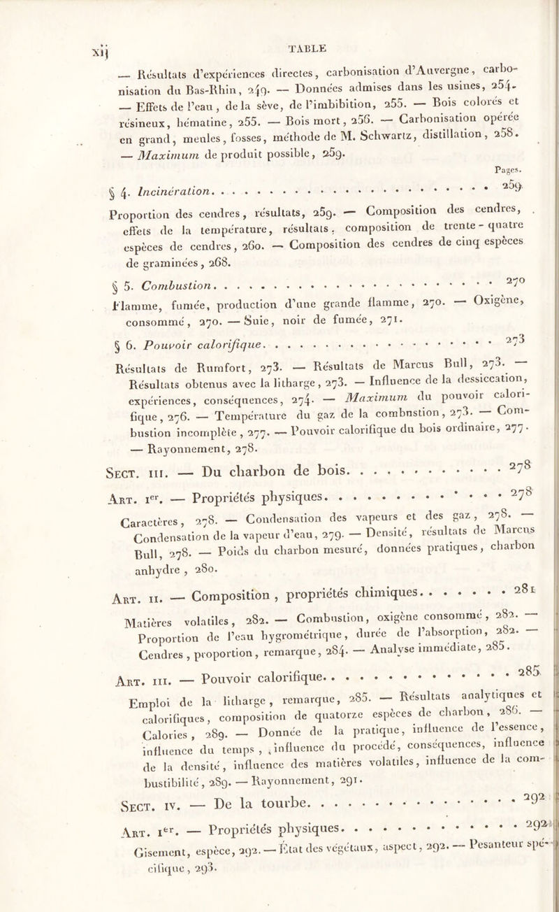 XI j Résultats d’expériences directes, carbonisation d’Auvergne, carbo- nisation du Bas-Rhin, s^c). — Données admises dans les usines, 254- — Effets de Peau, delà sève, de Pirubibition, 255. — Bois colores et résineux, hématine, 255. — Bois mort, 255. — Carbonisation opérée en grand, meules, fosses, méthode de M. Schwartz, distillation, 258. — Maximum de produit possible, 25g. Pages. 25c> § 4. Incinération Proportion des cendres, résultats, 259. — Composition des cendres, effets de la température, résultats, composition de trente - quatre espèces de cendres, 260. — Composition des cendres de cinq espèces de graminées, 268. 270 § 5- Combustion Rlamme, fumée, production d’une grande flamme, 270. — Oxigène, consommé, 270. —Suie, noir de fumée, 271. § 6. Pouvoir calorifique Résultats de Rumfort, 273. — Résultats de Marcus Bull, 2;0. Résultats obtenus avec la litharge , 273. - Influence de la dessiccation, expériences, conséquences, 274* — Maximum du pouvoir Ccdoii fique, 276. -— Température du gaz de la combnstion, 273. Com bustion incomplète , 277. — Pouvoir calorifique du bois ordinaire, 277. — Rayonnement, 278. Sect. ni. — Du charbon de bois Art. Ier. — Propriétés physiques * * * Caractères, 278. — Condensation des vapeurs et des gaz, 278. — Condensation de la vapeur d’eau, 279. - Densité, résultats de Marcus Bull, 278. — Poids du charbon mesuré, données pratiques, charbon anhydre , 280. Art. II# — Composition, propriétés chimiques 281 Matières volatiles, 282.- Combustion, oxigène consommé , 282. — Proportion de l’eau hygrométrique, durée de l’absorption, 282. - Cendres , proportion, remarque, 284. — Analyse immédiate, 2b . 285 Art. m. — Pouvoir calorifique. Emploi de la litharge, remarque, 285. - Résultats analytiques et calorifiques, composition de quatorze espèces de charbon, 2u0. Calories, 289. — Donnée de la pratique, influence de 1 essence, influence du temps , ^influence du procédé, conséquences, influence de la densité, influence des matières volatiles, influence de la com- bustibilité, 2S9. — Rayonnement, 291. 292 ■ Art. ifer. — Propriétés physiques Gisement, espèce, 292.-État des végétaux, aspect, 292. - Pesanteur spé- cifique , 290. i