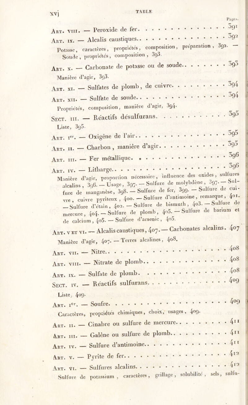 Pages. Art. viii. — Peroxide de fer. Art. ix. — Alcalis caustiques 9' Potasse, caractères, propriétés, composition, préparation, 39a. - Sonde, propriétés, composition, 3g3. ART. x. _ Carbonate de potasse ou de soude >9 ' Manière d’agir, 3ç)3. Art. xi. — Sulfates de plomb, de cuivre Art. xii. — Sulfate de soude °94 Propriétés, composition, manière d’agir, 3g4* Sect. ni. — Réactifs désulfurans Liste, 395. Art. ier. — Oxigène de Pair.. • •••••••***** Art. ii. — Charbon, manière d’agir 39'J \rt. iii. — Fer métallique. © Art. iv. — Litliarge Manière d’agir, proportion nécessaire, influence des oxides, sulfures alcalins, 3c)6.-Usage, 397. - Sulfure de molybdène , 397. - &  fure de manganèse, 398. - Sulfure de fer, o99. - Sulfure de cui- vre, cuivre pvriteux, 400.-Sulfure d’antimoine remarque, -Sulfure d’étain , 402. - Sulfure de bismuth, 4o3. - Sulfure de mercure, 404. — Sulfure de plomb, 4o5.—Sulfure de barium et de calcium, 4°5* — Sulfure d arsenic, 4°5. Art. v ET VI. — Alcalis caustiques, 4°7• — Carbonates alcalins. 4°7 Manière d’agir, 407. - Terres alcalines, l\|o8. Art. vu. — Nitre ^ Art. viii. — Nitrate de plomb 4°8 Art. ix. — Sulfate de plomb ^ Sect. iv. — Réactifs sulfurans. . ^°9 Liste, 4°9- Art. ier. — Soufre ^°9 Caractères, propriétés chimiques, choix, usages, 40c). ArT. ii. —. Cinabre ou sulfure de mercure 411 Art. iii. — Galène ou sulfure de plomb 4” Art. iv. — Sulfure d’antimoine 41* Art. v. — Pyrite de fer Art. vi. — Sulfures alcalins 4l^ Sulfure de potassium, caractères, grillage, solubilité, sels, sulfu