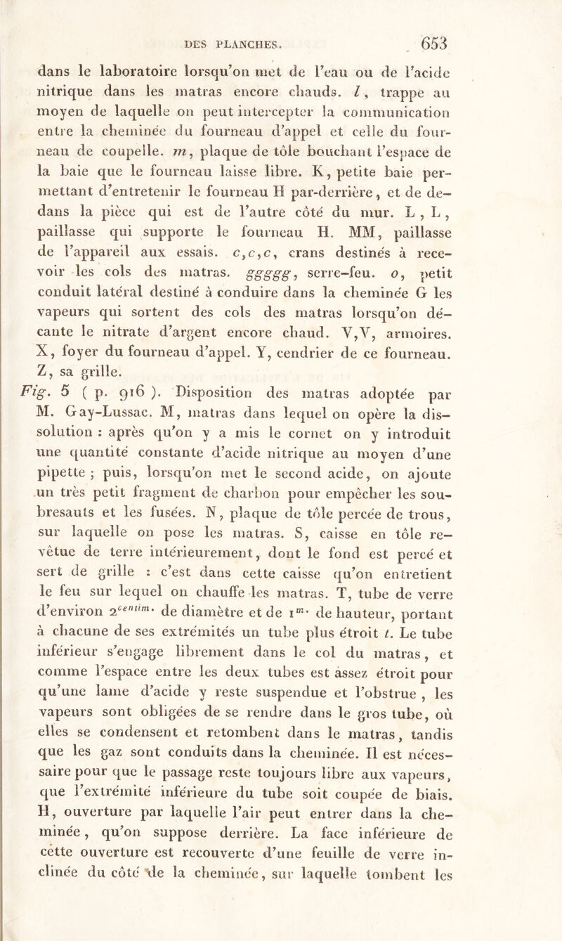 dans le laboratoire lorsqu’on met de beau ou de l’acide nitrique dans les matras encore chauds. I, trappe au moyen de laquelle on peut intercepter la communication entre la cheminée du fourneau d’appel et celle du four- neau de coupelle, m, plaque de tôle bouchant l’espace de la baie que le fourneau laisse libre. K, petite baie per- mettant d’entretenir le fourneau H par-derrière, et de de- dans la pièce qui est de l’autre côté du mur. L , L , paillasse qui supporte le fourneau H. MM, paillasse de l’appareil aux essais. c,c,c, crans destinés à rece- voir les cols des matras. ggggg, serre-feu. o, petit conduit latéral destiné à conduire dans la cheminée G les vapeurs qui sortent des cols des matras lorsqu’on dé- cante le nitrate d’argent encore chaud. Y,Y, armoires. X, foyer du fourneau d’appel. Y, cendrier de ce fourneau. Z, sa grille. Fig. 5 ( p. 916 ). Disposition des matras adoptée par M. Gay-Lussac. M, matras dans lequel on opère la dis- solution : après qu’on y a mis le cornet on y introduit une quantité constante d’acide nitrique au moyen d’une pipette; puis, lorsqu’on met le second acide, on ajoute un très petit fragment de charbon pour empêcher les sou- bresauts et les fusées. N, plaque de tôle percée de trous, sur laquelle on pose les matras. S, caisse en tôle re- vêtue de terre intérieurement, dont le fond est percé et sert de grille : c’est dans cette caisse qu’on entretient le feu sur lequel on chauffe les matras. T, tube de verre d’environ 2Centitn- de diamètre et de im* de hauteur, portant à chacune de ses extrémités un tube plus étroit t. Le tube inférieur s’engage librement dans le col du matras, et comme l’espace entre les deux tubes est assez étroit pour qu’une lame d’acide y reste suspendue et l’obstrue , les vapeurs sont obligées de se rendre dans le gros tube, où elles se condensent et retombent dans le matras, tandis que les gaz sont conduits dans la cheminée. Il est néces- saire pour que le passage reste toujours libre aux vapeurs, que l’extrémité inférieure du tube soit coupée de biais. H, ouverture par laquelle l’air peut entrer dans la che- minée , qu’on suppose derrière. La face inférieure de cette ouverture est recouverte d’une feuille de verre in- clinée du côté \Ie la cheminée, sur laquelle tombent les