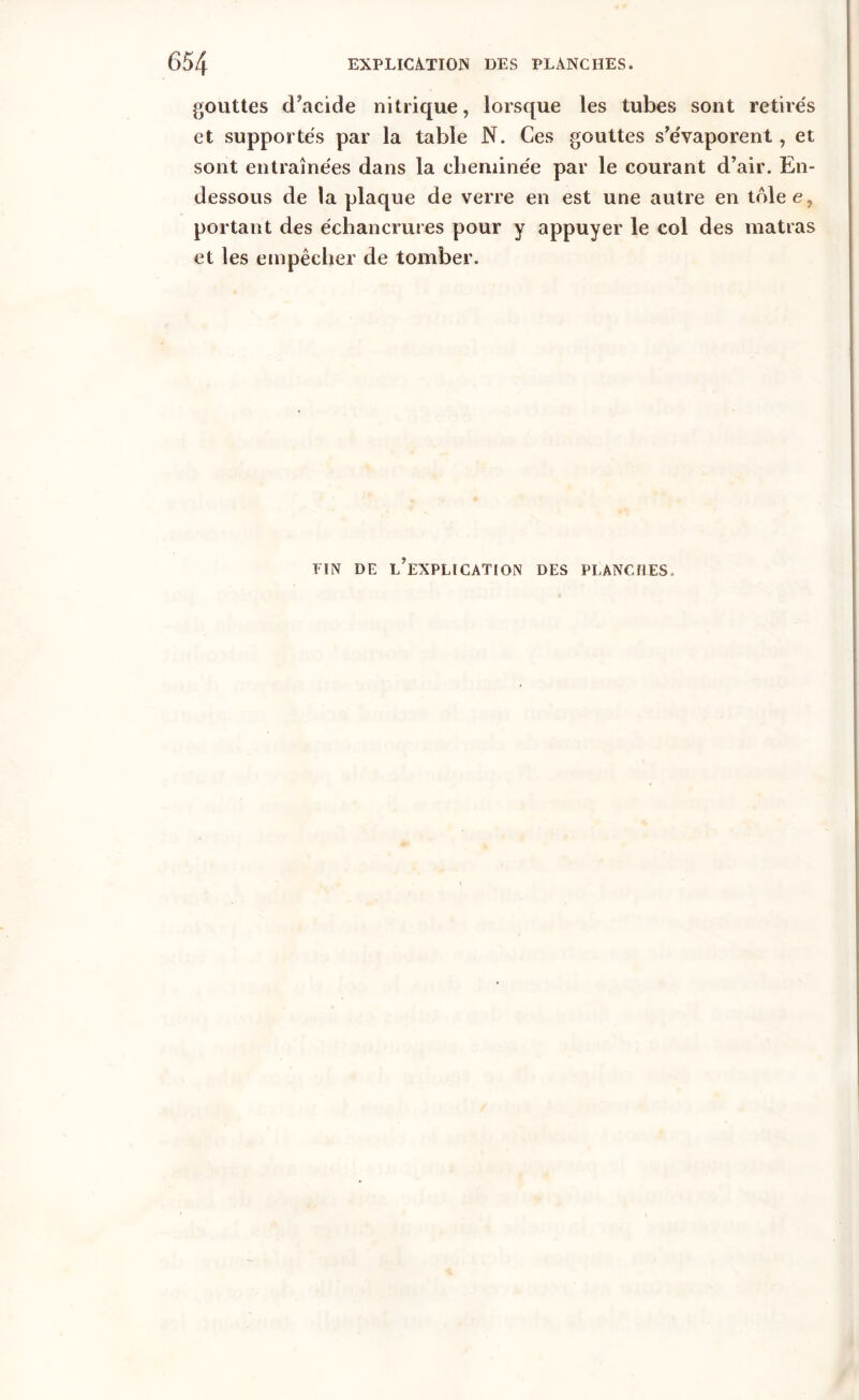 gouttes d’acide nitrique, lorsque les tubes sont retirés et supportés par la table N. Ces gouttes s’évaporent, et sont entraînées dans la cheminée par le courant d’air. En- dessous de la plaque de verre en est une autre en tôlee, portant des échancrures pour y appuyer le col des matras et les empêcher de tomber. TIN DE L’EXPLICATION DES PLANCHES,