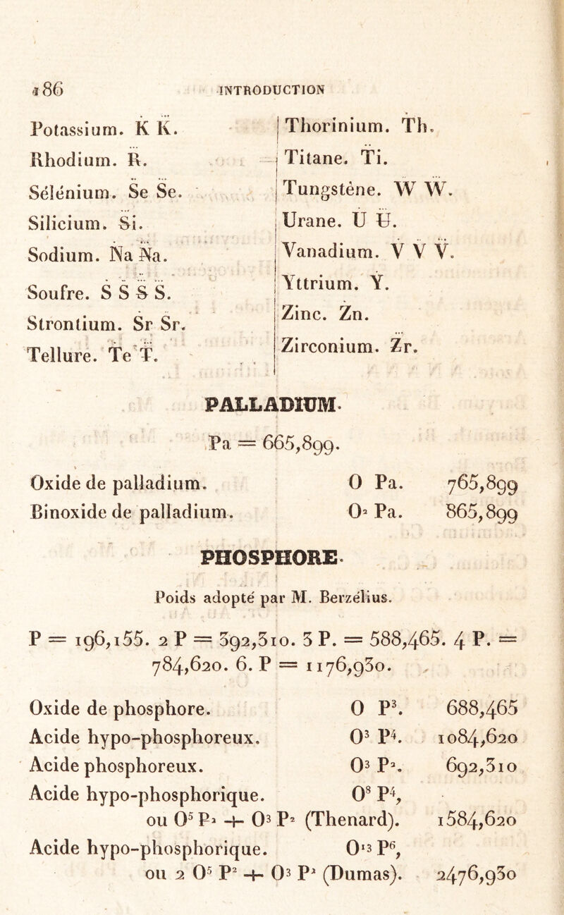 Potassium. K K. Rhodium. R. Sélénium. Se Se. Silicium. Si. Sodium. Na Na. Soufre. S S S S. Strontium. Sr Sr Tellure. Te'T. Thorinium. Th. Titane. Ti. Tungstène. W W. ! Urane. U ü. j Vanadium. V V V. I Yttrium. Ÿ. Zinc. Zn. Zirconium. Zr. PALLADIUM* ' tPa == 665,899. Oxide de palladium. O Pa. 765,899 Binoxide de palladium. 0=“ Pa. 865,899 PHOSPHORE. t Poids adopté par M. Berzélius. P == 196,155. 2 P = 592,510. 5 P. = 588,465. 4 P. = 784,620. 6. P = 1176,950. . - Oxide de phosphore. 0 P^ Acide hypo-phosphoreux. 0^ P^. Acide phosphoreux. 0^ P^ Acide hypo-phosphorique. 0^ P^, ou 0^ P H- 0^ P® (Thénard). Acide hypo-phosphorique. 0‘3 P^, ou 2 0^ P^ -H 0^ P^ (Dumas). 688,465 1084.620 692,510 1684.620 2476,950