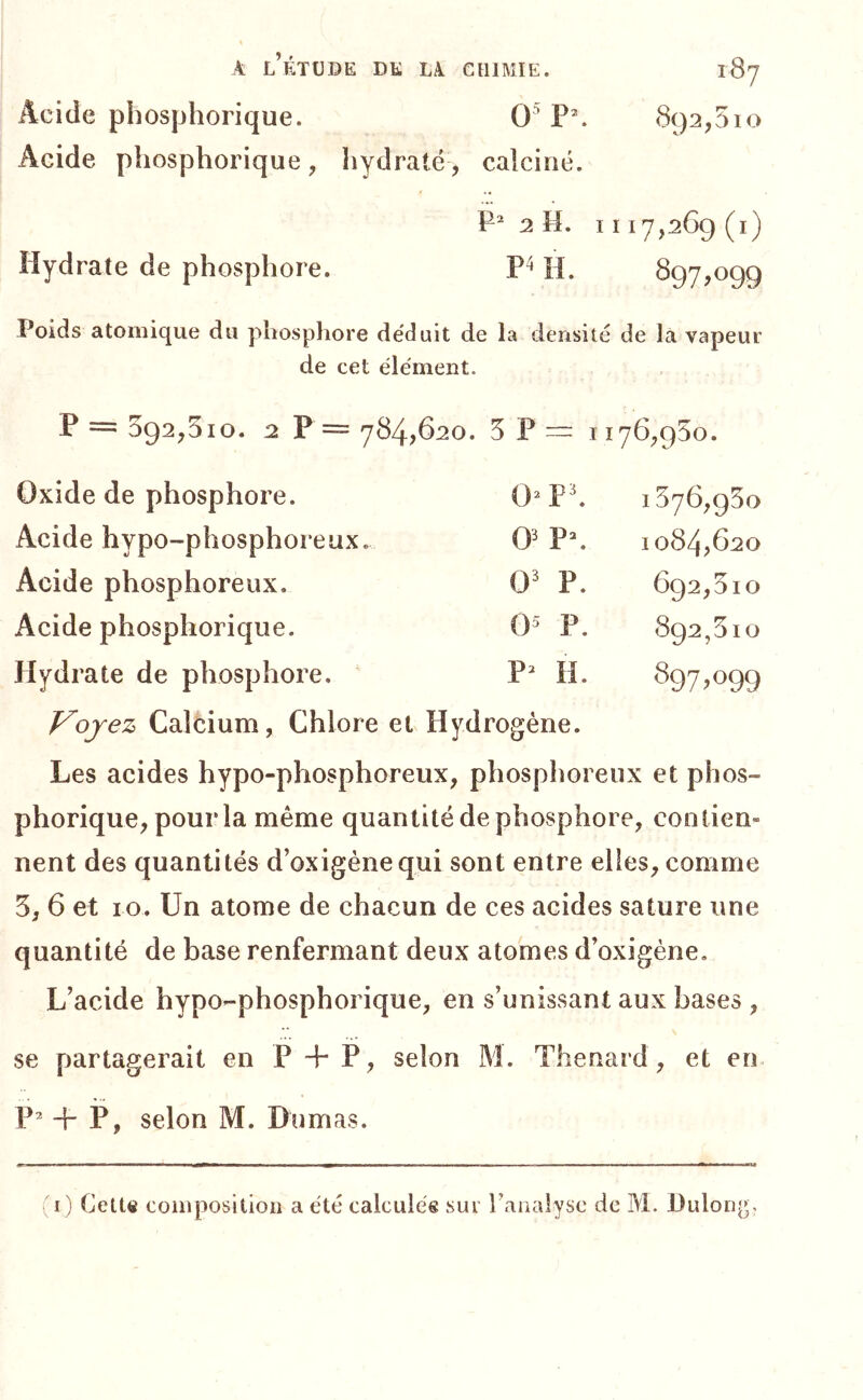 Acide phosphorique. 0' P’. 892,510 Acide phosphorique , hydraté, calciné. P* 2 H. 1117,269(1) Hydrate de phosphore. P<H. 897^099 Poids atomique du phosphore déduit de la densité de la vapeur de cet élément. P == 092,510. 2 P = 784,620. 0^ II ï 176,950. Oxide de phosphore. O^Ph 1576,950 Acide hypo-phosphoreux. 1084,620 Acide phosphoreux. 0^ P. 692,510 Acide phosphorique. 0^^ P. 892,510 Hydrate de phosphore. P^ H. 897^099 Voyez Calcium, Chlore et Hydrogène. Les acides hypo-phosphoreux, phosphoreux et phos- phorique, pourla même quantité de phosphore, contien- nent des quantités d’oxigènequi sont entre elles, comme 5, 6 et LO. Un atome de chacun de ces acides sature une quantité de base renfermant deux atomes d’oxigéne. L’acide hypo-phosphoi ique, en s’unissant aux bases , se partagerait en F + P, selon M. Thénard, et en P -h P, selon M. Dumas. (i) Cetttt composition a été calculée sur ranalysc de M. Üulong,